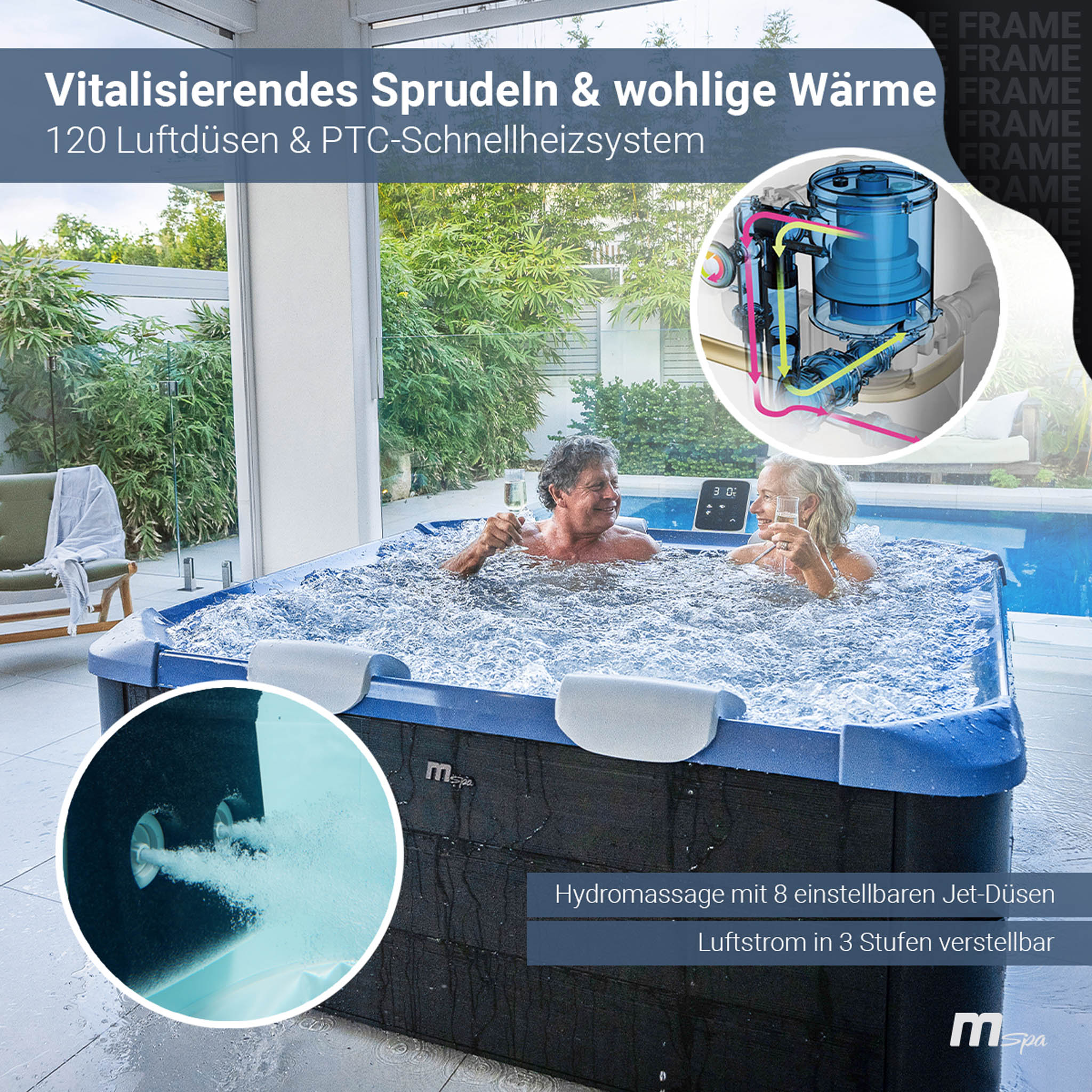 Zwei Personen in einem Whirlpool. Blasen und Text über die Funktionen. Klare Aussicht draußen.