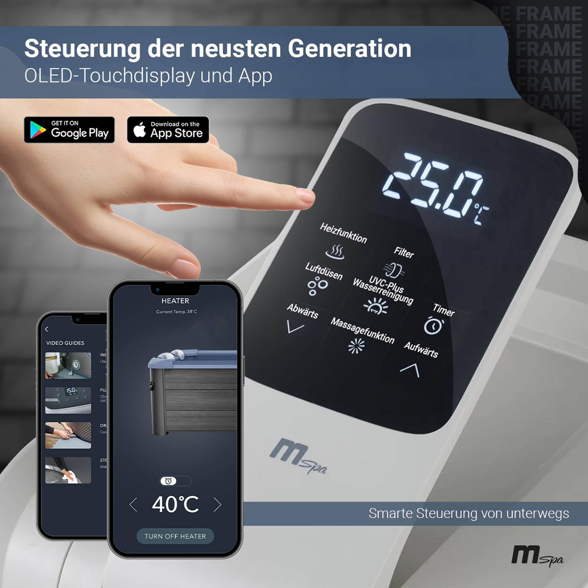 Das Bild zeigt einen digitalen Touchscreen und eine Telefon-App zur Steuerung eines Whirlpools.