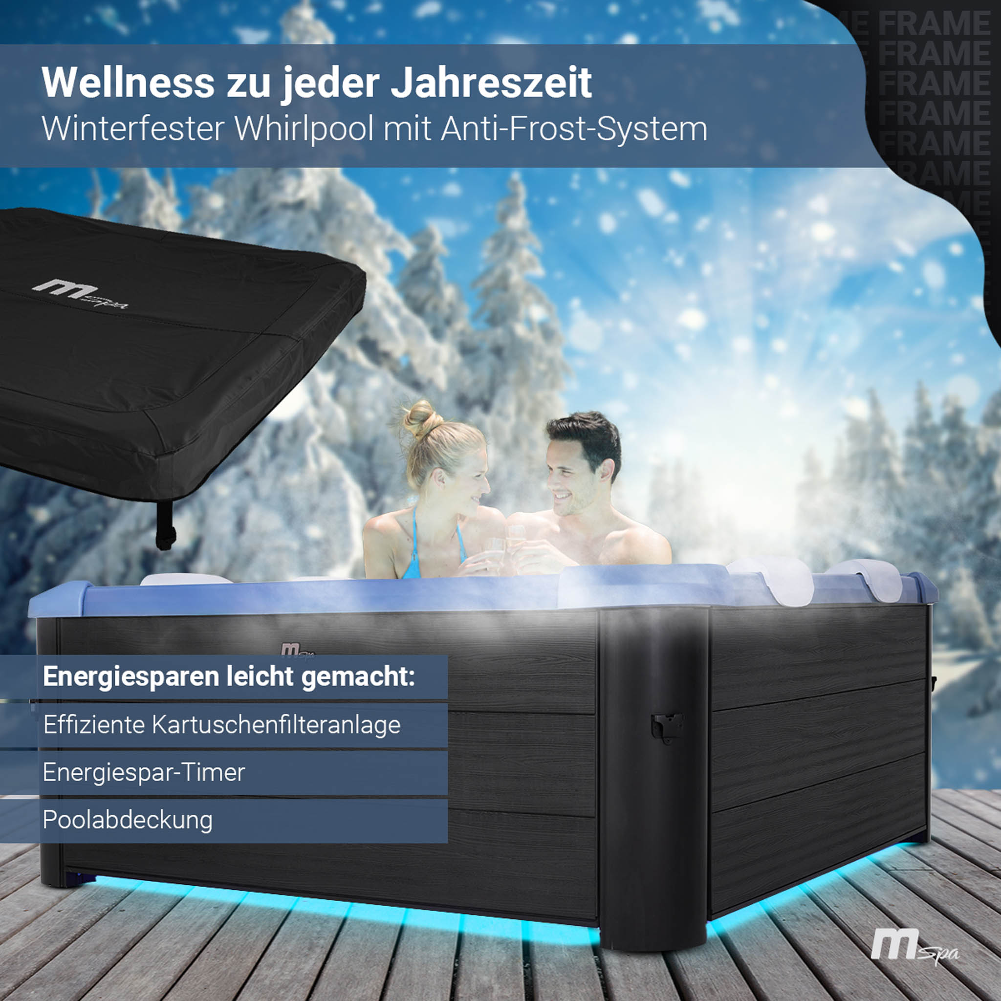 Ein Paar entspannt im Winter in einem Whirlpool. Verfügt über energiesparende Technik und eine Abdeckung.