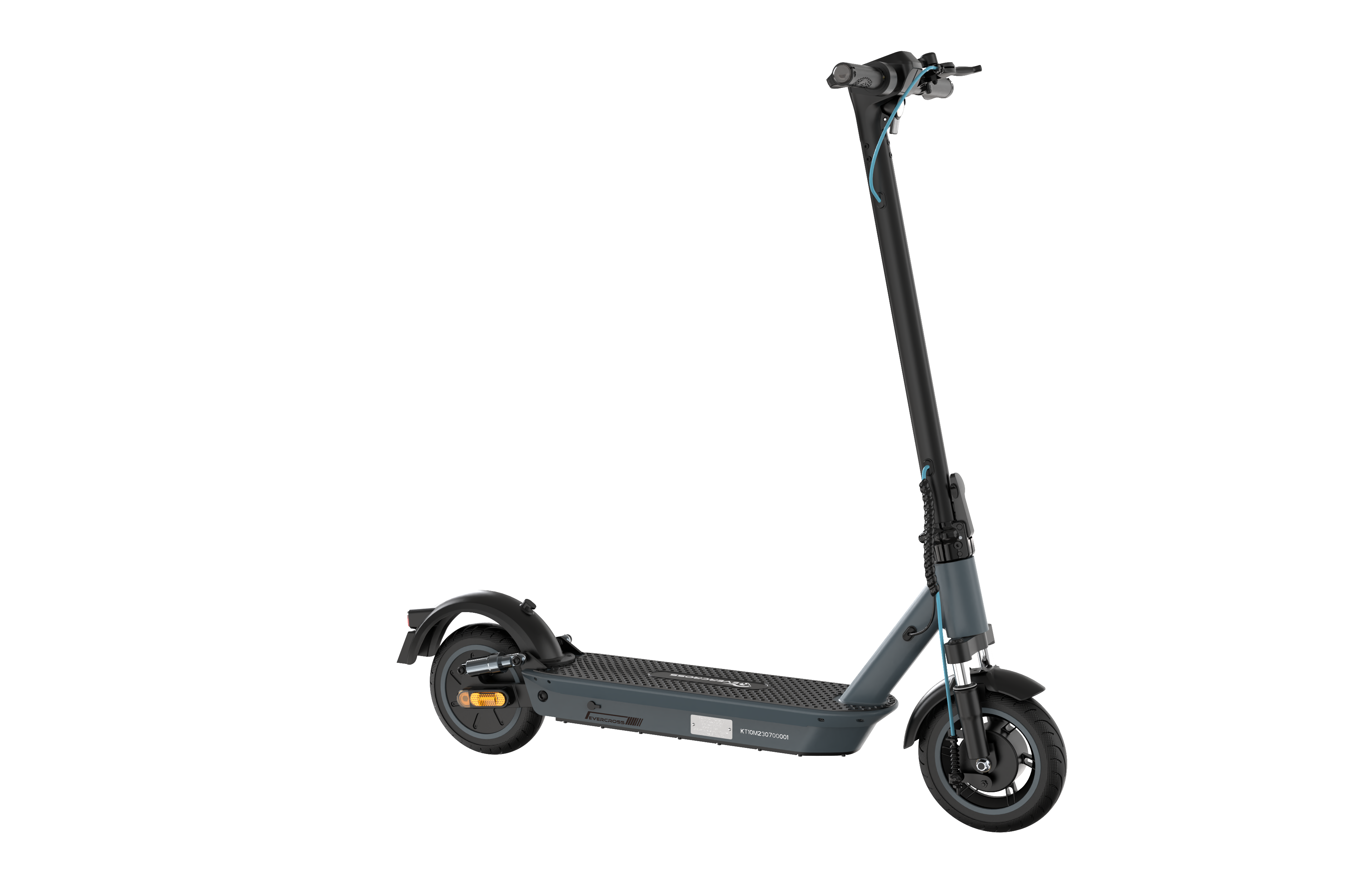 Szary skuter elektryczny na białym tle. Ma czarny podest, koła i kierownicę.