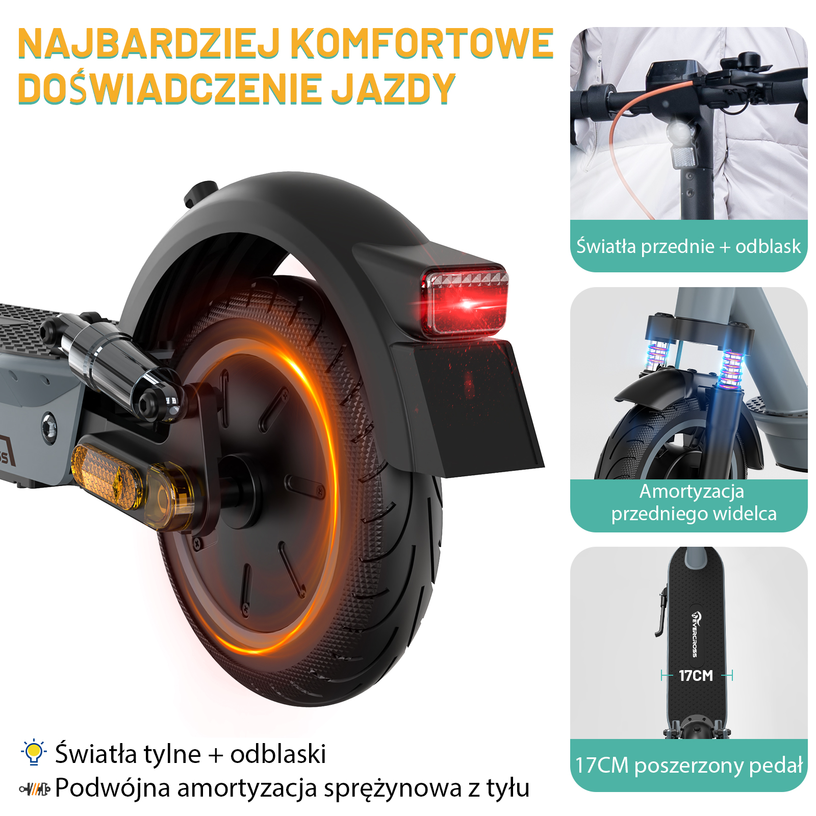 Zbliżenia skutera elektrycznego: tylne światła, przednie zawieszenie i poszerzona platforma na nogi.