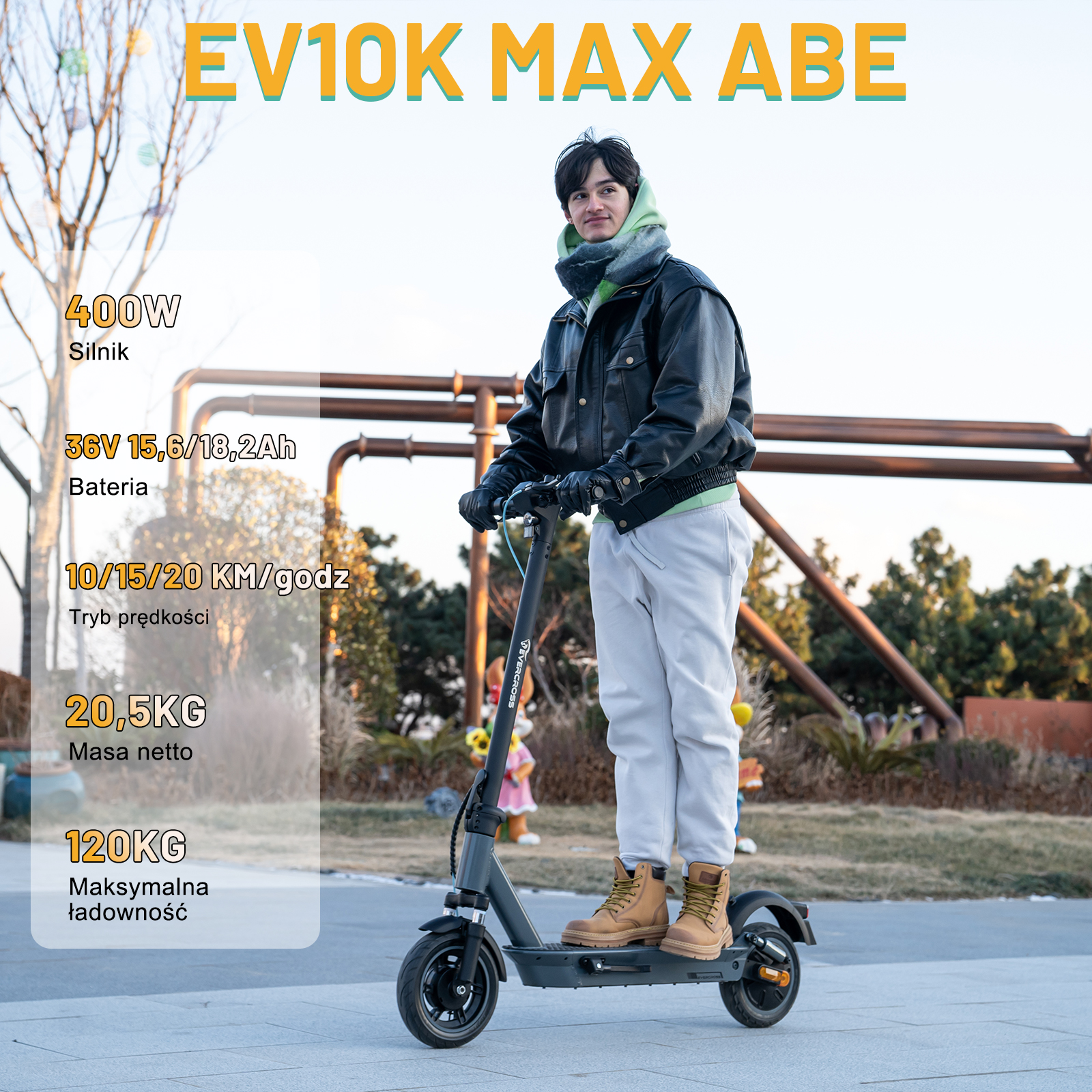 Mężczyzna jadący na skuterze elektrycznym. Tekst pokazuje moc silnika, baterię, tryby prędkości, wagę i obciążenie.