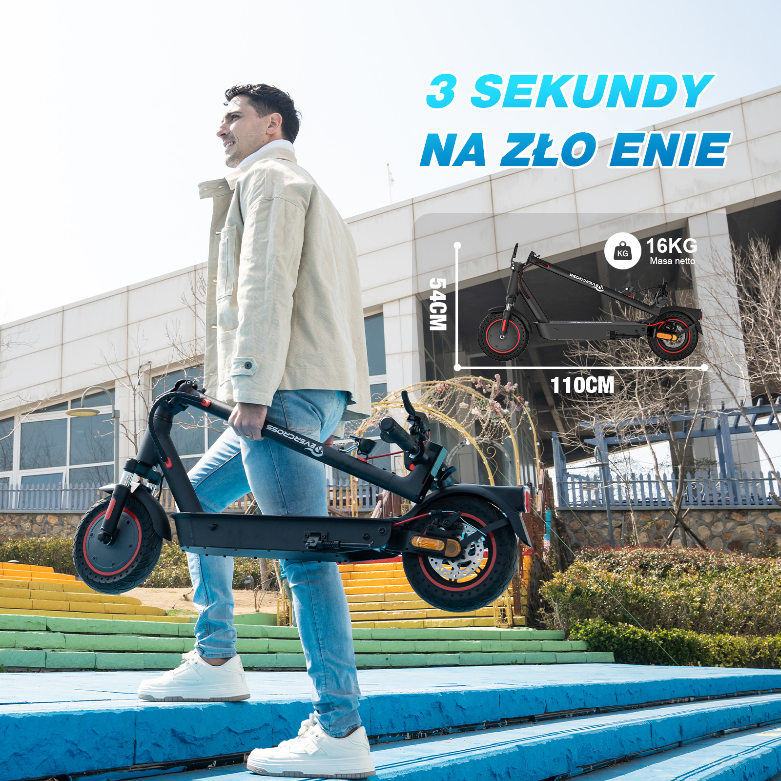 Mężczyzna trzyma czarną hulajnogę elektryczną. Wymiary są pokazane. Tekst powyżej brzmi: 3 sekundy do złożenia.