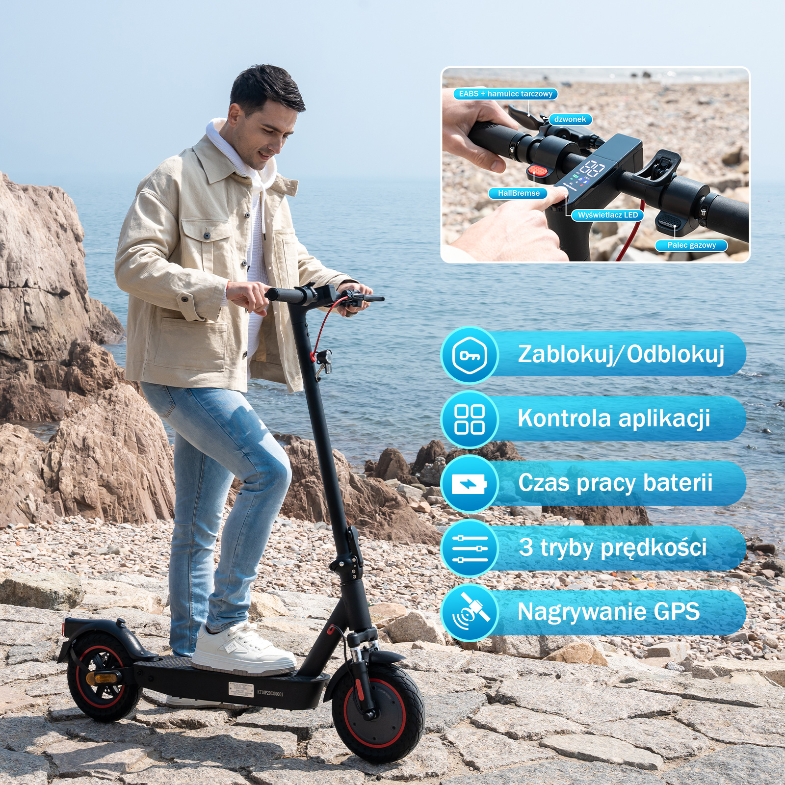 Mężczyzna na czarnej hulajnodze elektrycznej. Zbliżenia pokazują elementy sterujące, w tym hamulec, wyświetlacz LED i przepustnicę.