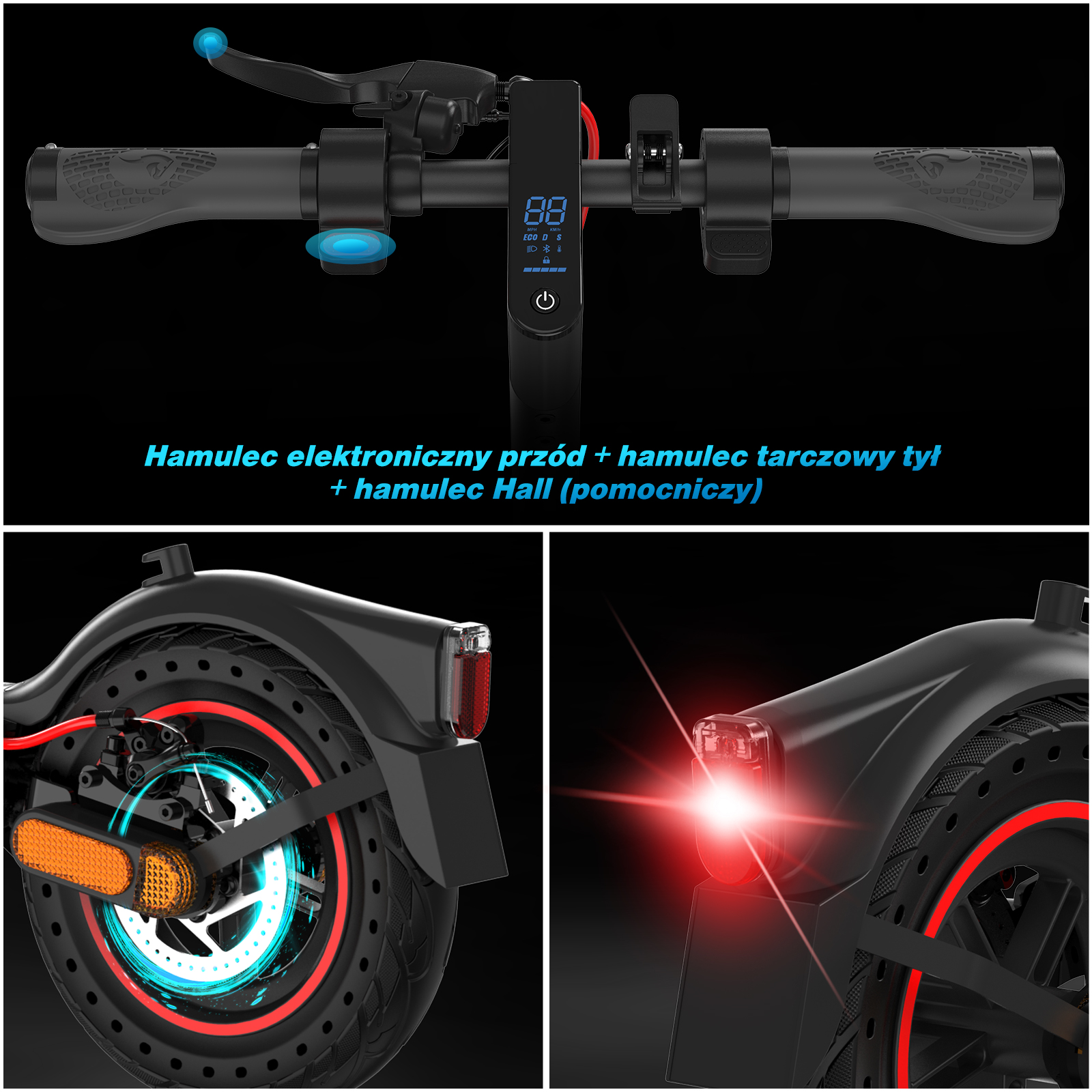 Zbliżenia na części czarnej hulajnogi elektrycznej. Zawiera kierownicę, tylne światła i szczegóły kół.