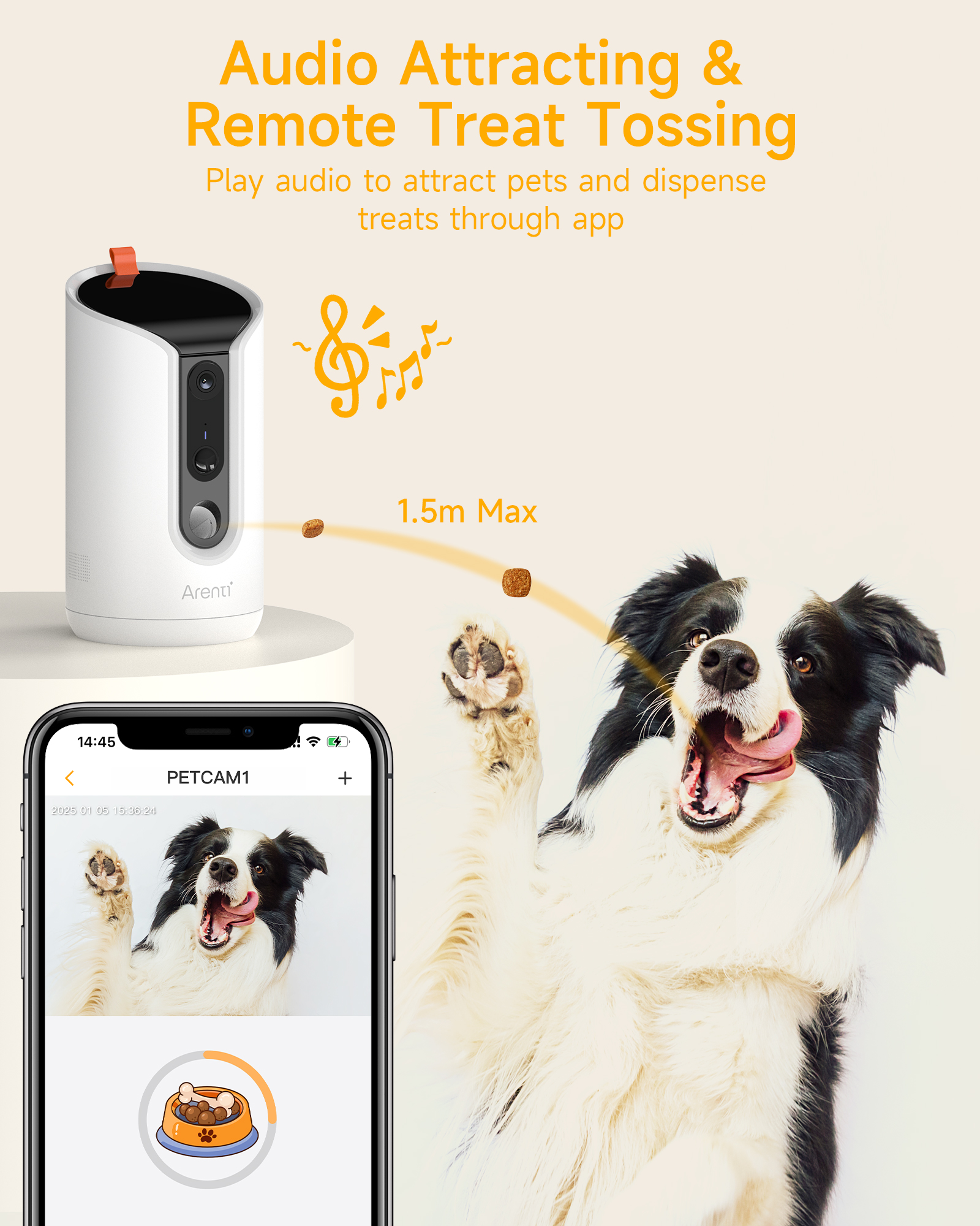 Weißer Haustier-Leckerlispender mit einem Hund, der ein Telefon benutzt. Der Hund fängt Leckerlis.