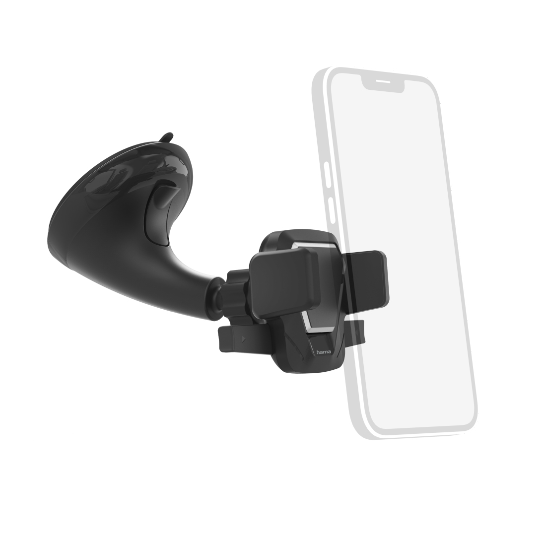 Support de téléphone de voiture noir avec ventouse et contour de téléphone.