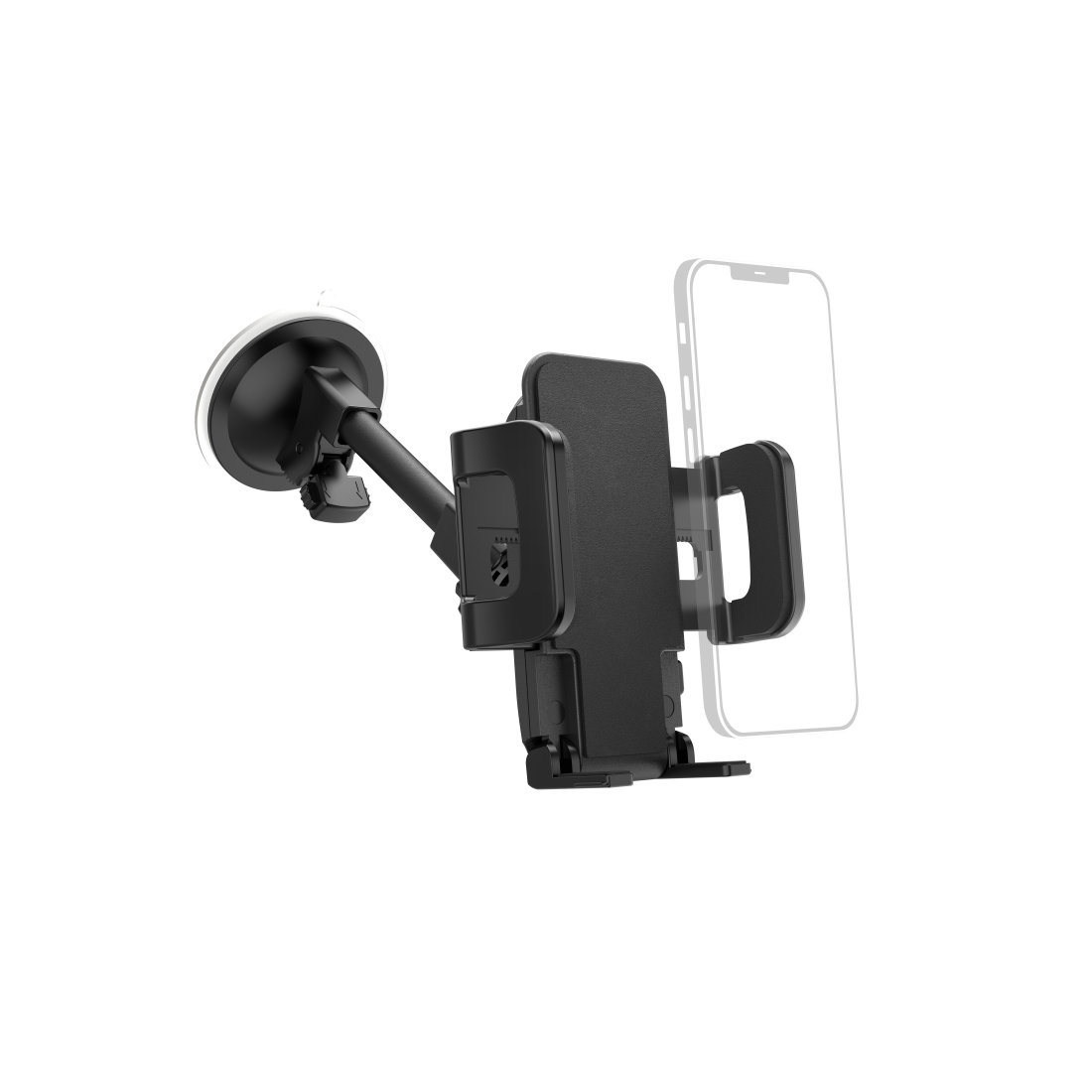 Ein schwarzer Autotelefonhalter mit Saugnapf, der ein Telefon hält.