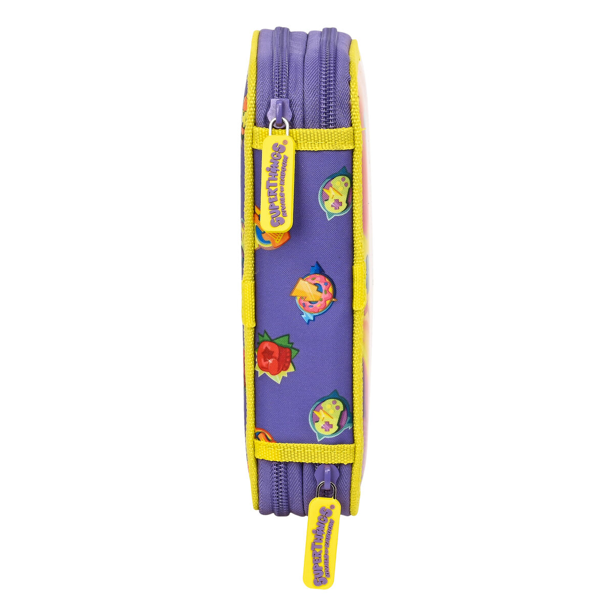 Estuche morado con personajes SuperThings coloridos en el lateral.