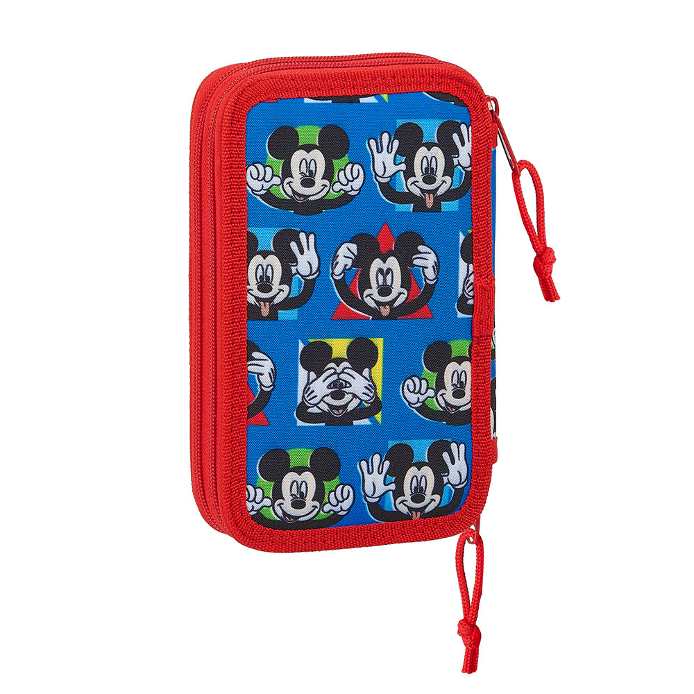 Estuche azul con gráficos de Mickey Mouse y borde rojo.