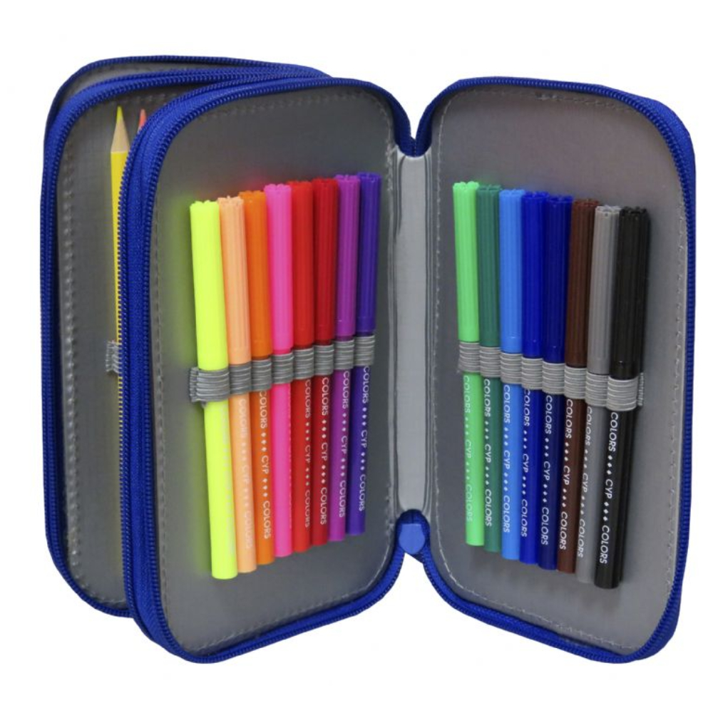 Estuche azul abierto con rotuladores de colores y un lápiz amarillo.