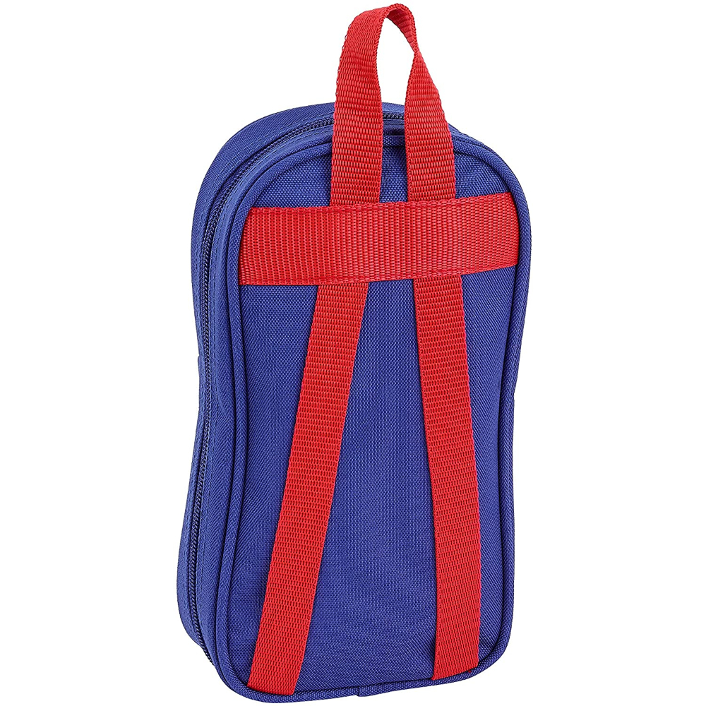 Blaues Federmäppchen mit roten Trägern. Das Etui ist geschlossen und hat ein schlichtes, funktionelles Design.