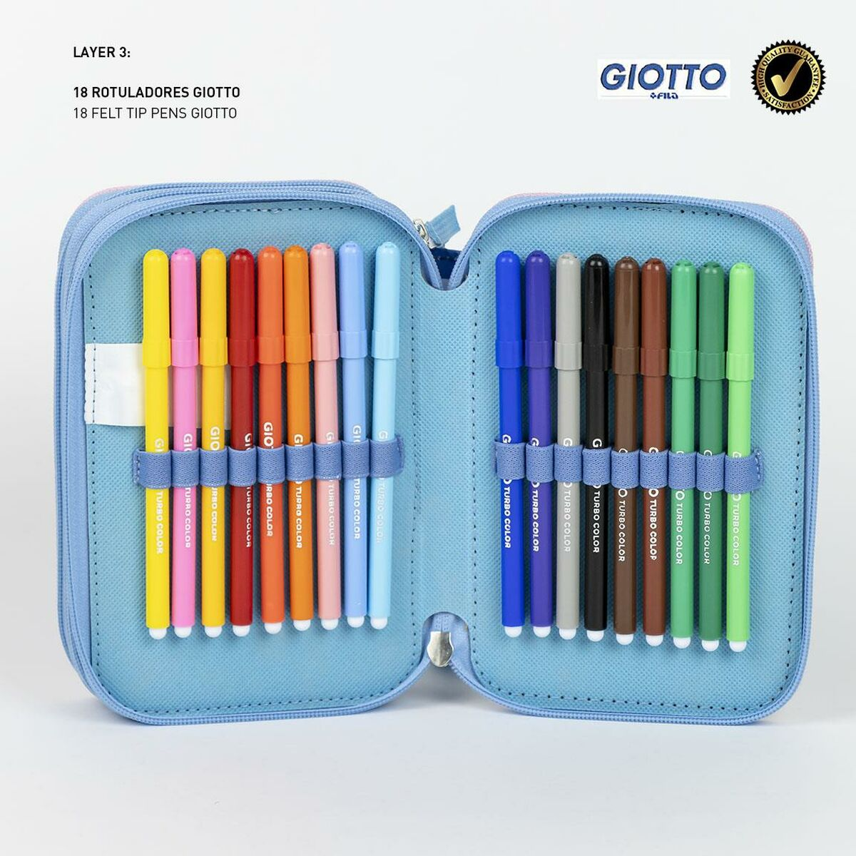 Estuche abierto con bolígrafos Giotto. Múltiples colores de bolígrafos están organizados dentro.