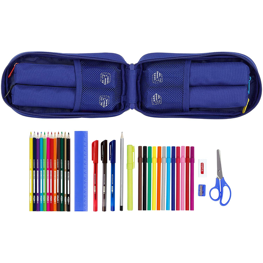 Offenes blaues Federmäppchen mit Schulmaterial: Bleistifte, Stifte, Lineal, Schere, Anspitzer.