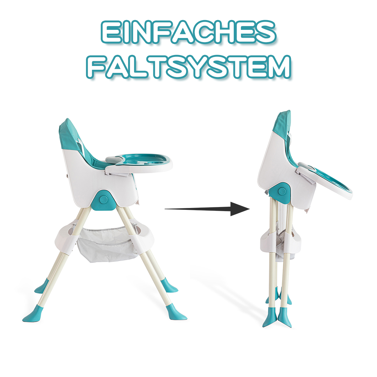 Ein Babyhochstuhl, gefaltet und ungefaltet, das Faltsystem zeigend.