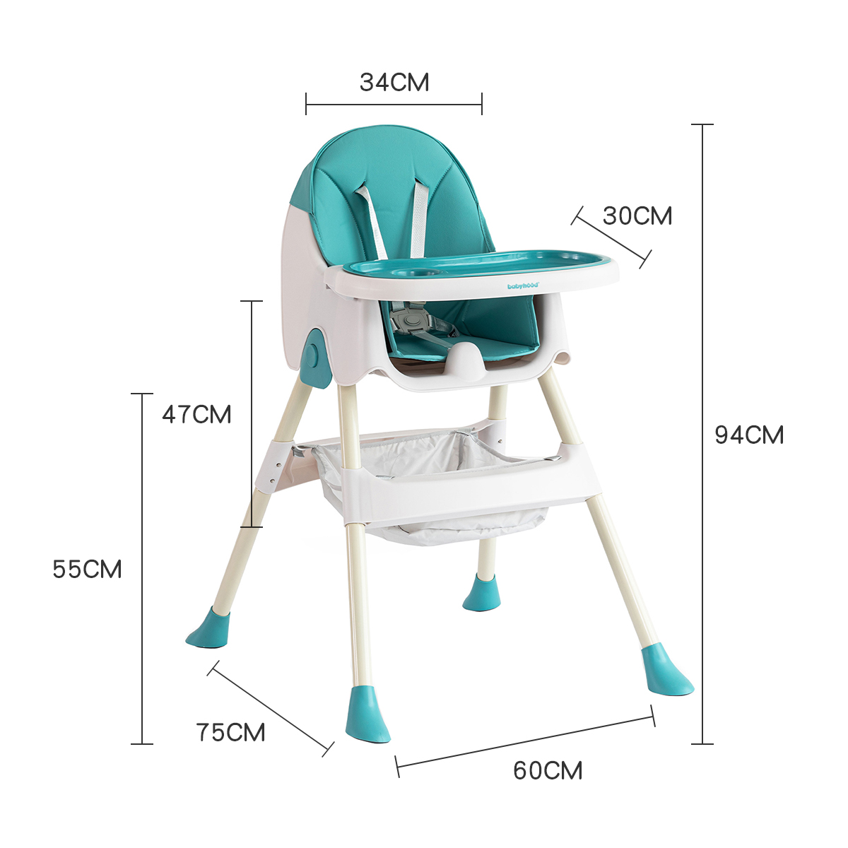 Ein Babyhochstuhl mit angegebenen Maßen. Er ist türkis und weiß mit einem Tablett und Beinen.