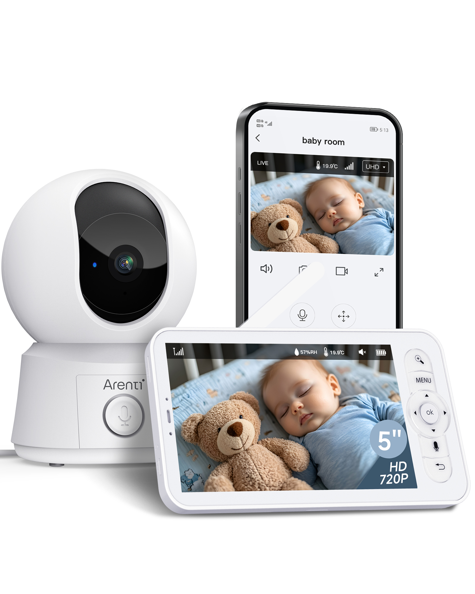 Babyphone mit Kamera, Telefon und Handmonitor, das ein schlafendes Baby zeigt.
