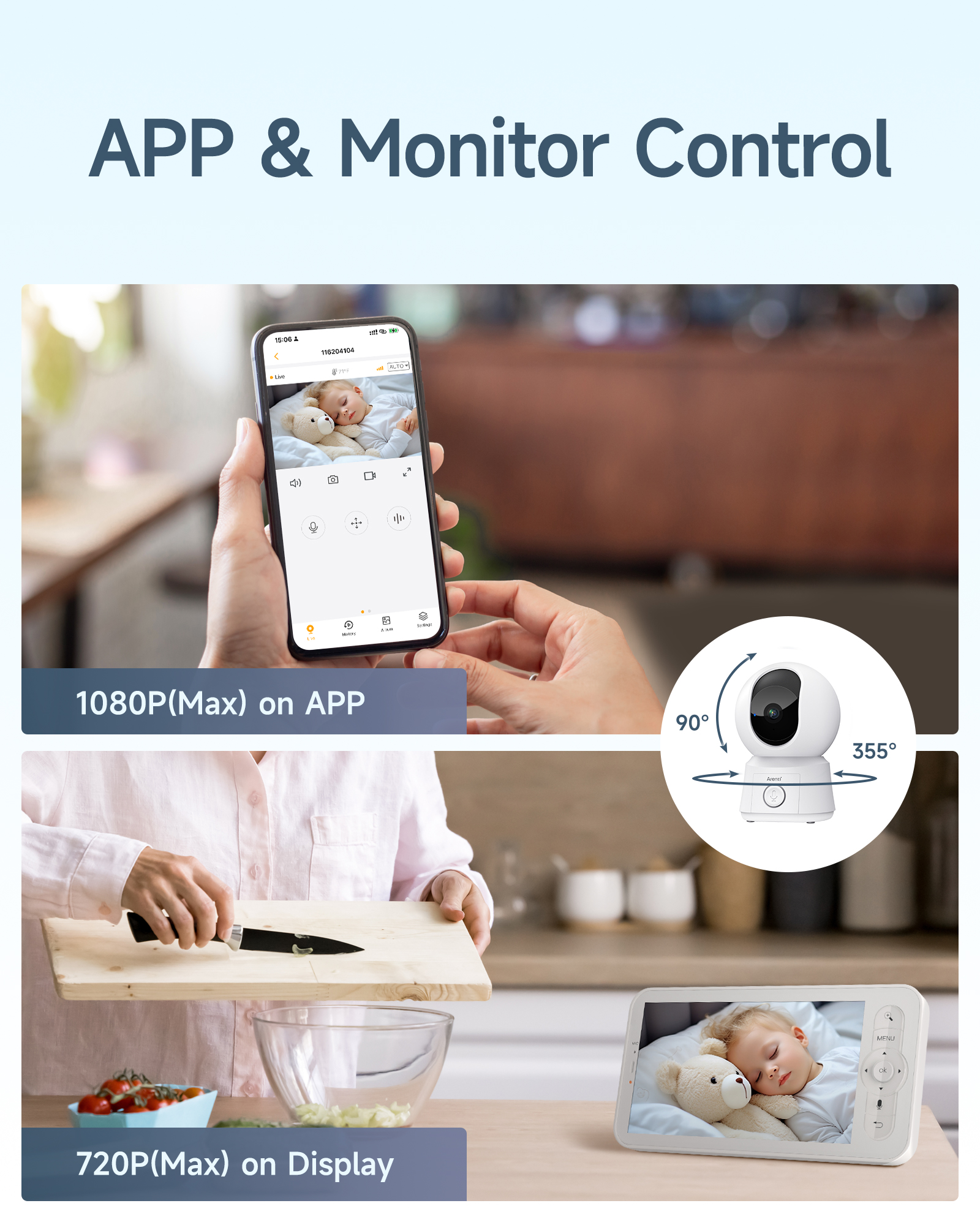 Babyphone mit Kamera und Bildschirm, der ein schlafendes Baby und eine Person zeigt.