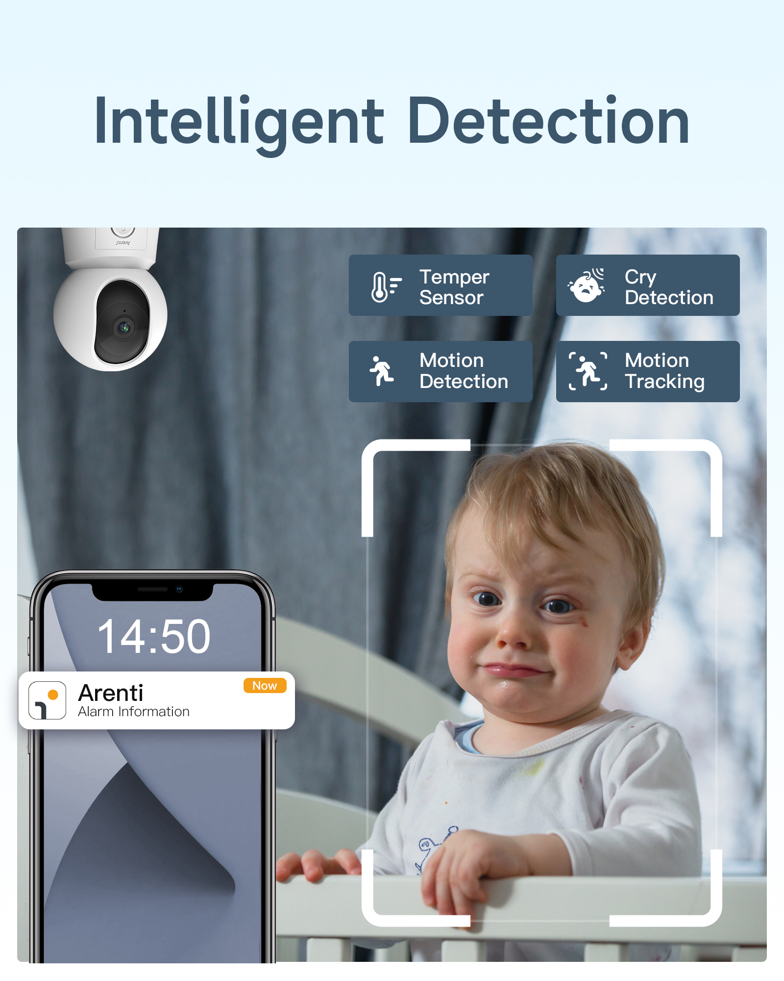 Ein Baby in einem Kinderbett mit weinendem Gesicht und ein Smartphone, das einen Alarm von einer Überwachungskamera anzeigt.