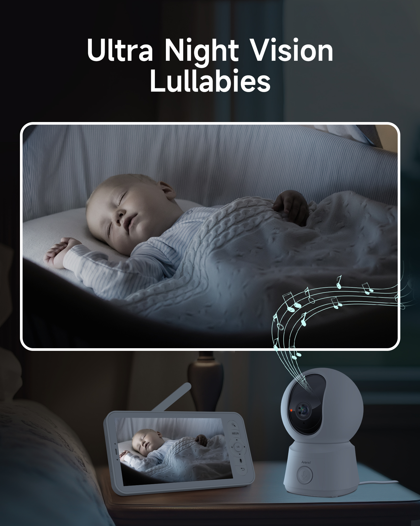 Babyphone-Setup. Baby im Kinderbett, Monitor zeigt Baby und Kamera.