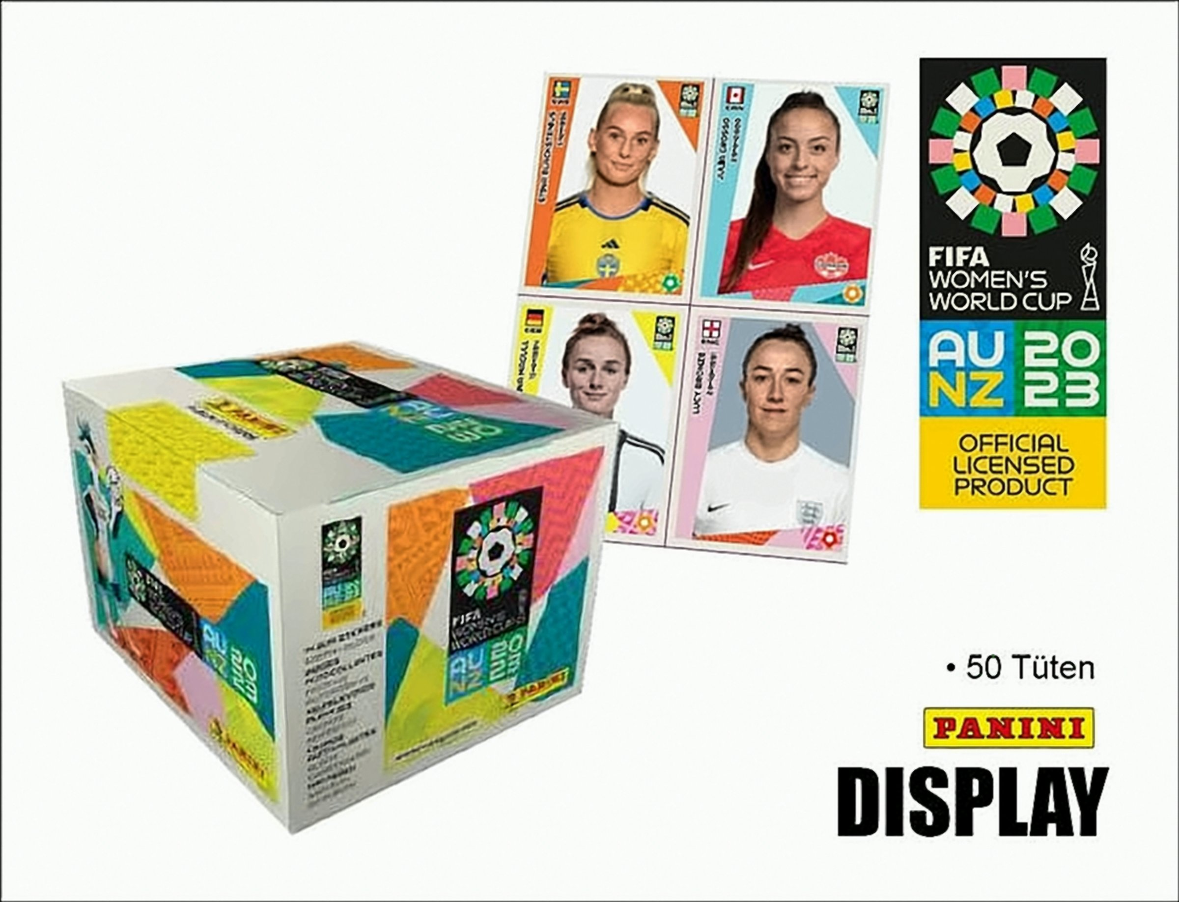 Eine Box mit Panini FIFA Women's World Cup AU NZ 2023 Stickern, Sticker und Karten sichtbar.