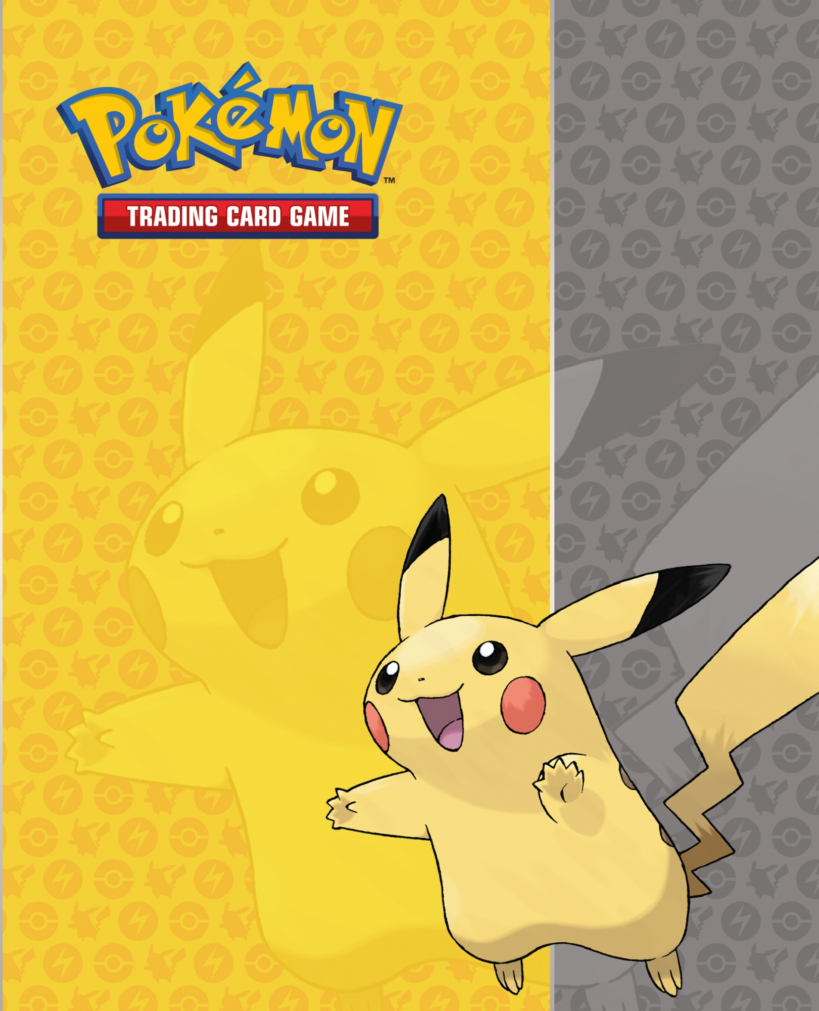 Pikachu na karcie Pokémon. Żółte tło z sylwetką Pikachu. Logo Pokémon Trading Card Game u góry.