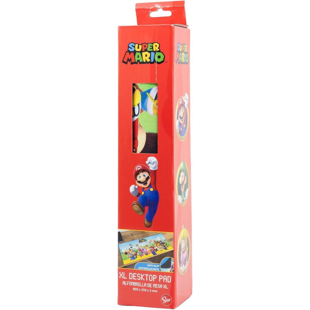Una alfombrilla de escritorio con temática de Super Mario en una caja roja, con Mario y otros personajes.