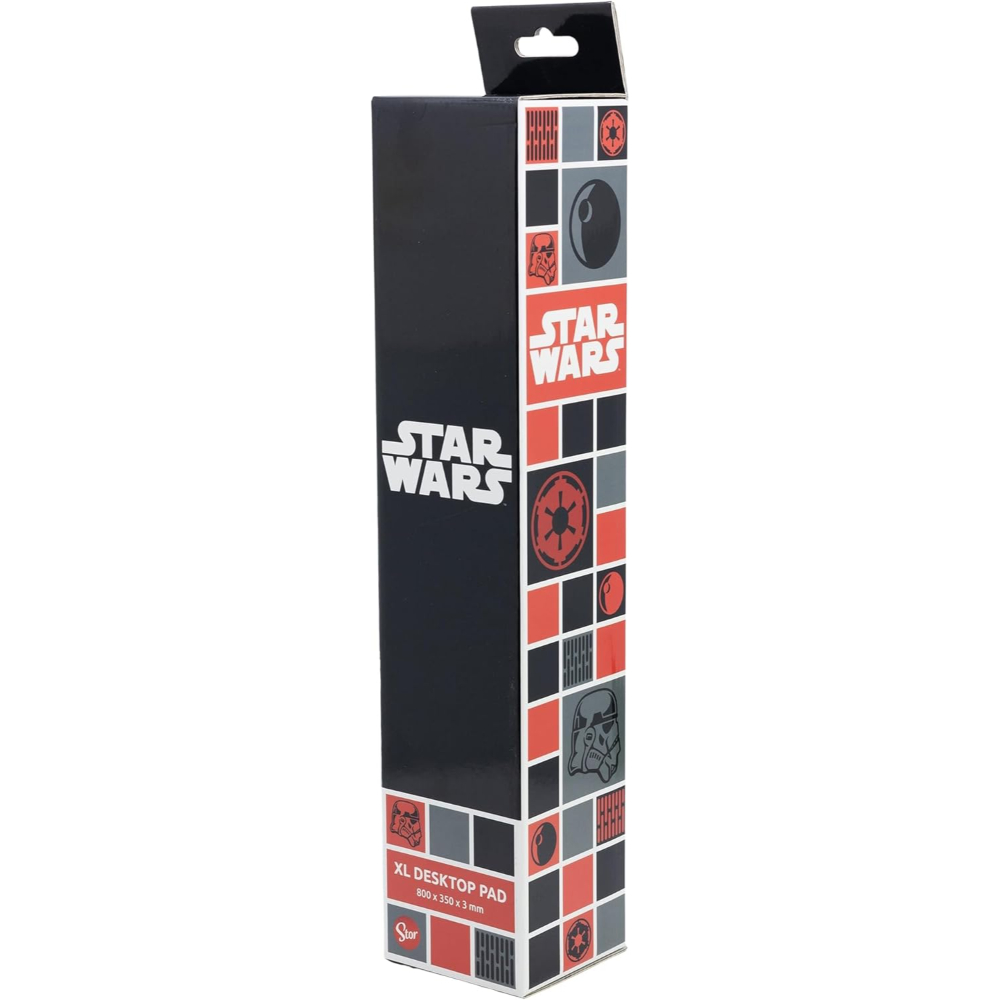 Caja de alfombrilla de escritorio XL de Star Wars con el logotipo de Star Wars e imágenes de personajes y símbolos.