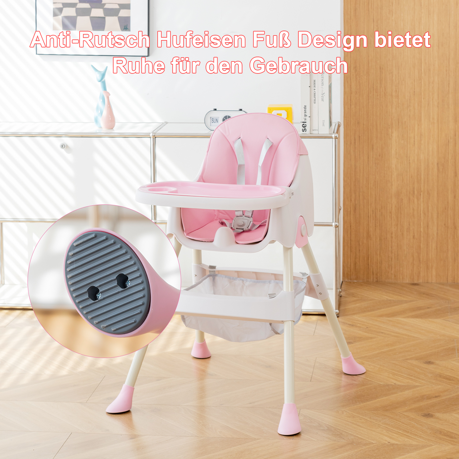 Ein rosa-weißer Hochstuhl mit rutschfestem Fußdesign. Eine Nahaufnahme zeigt den Fuß.