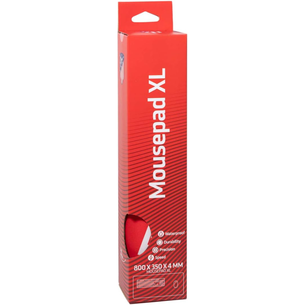 Una caja rectangular roja con las palabras 'Mousepad XL' impresas. Tiene iconos y texto en el lado derecho.