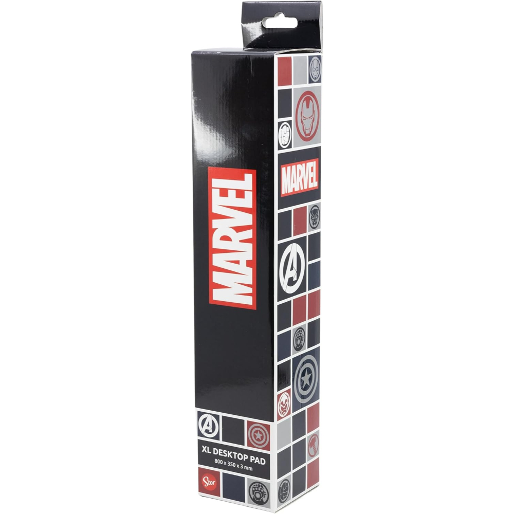 Caja para una almohadilla de escritorio XL. Muestra logotipos y personajes de Marvel sobre un fondo negro.