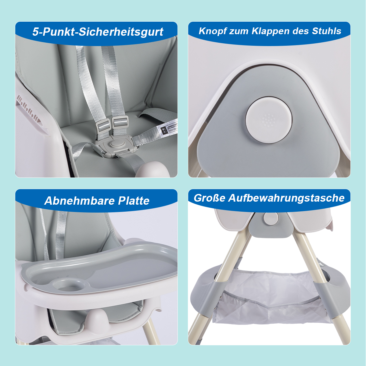 Vier Bilder eines weißen Hochstuhls mit grauem Sitz. Details umfassen eine Ablage und Sicherheitsgurte.