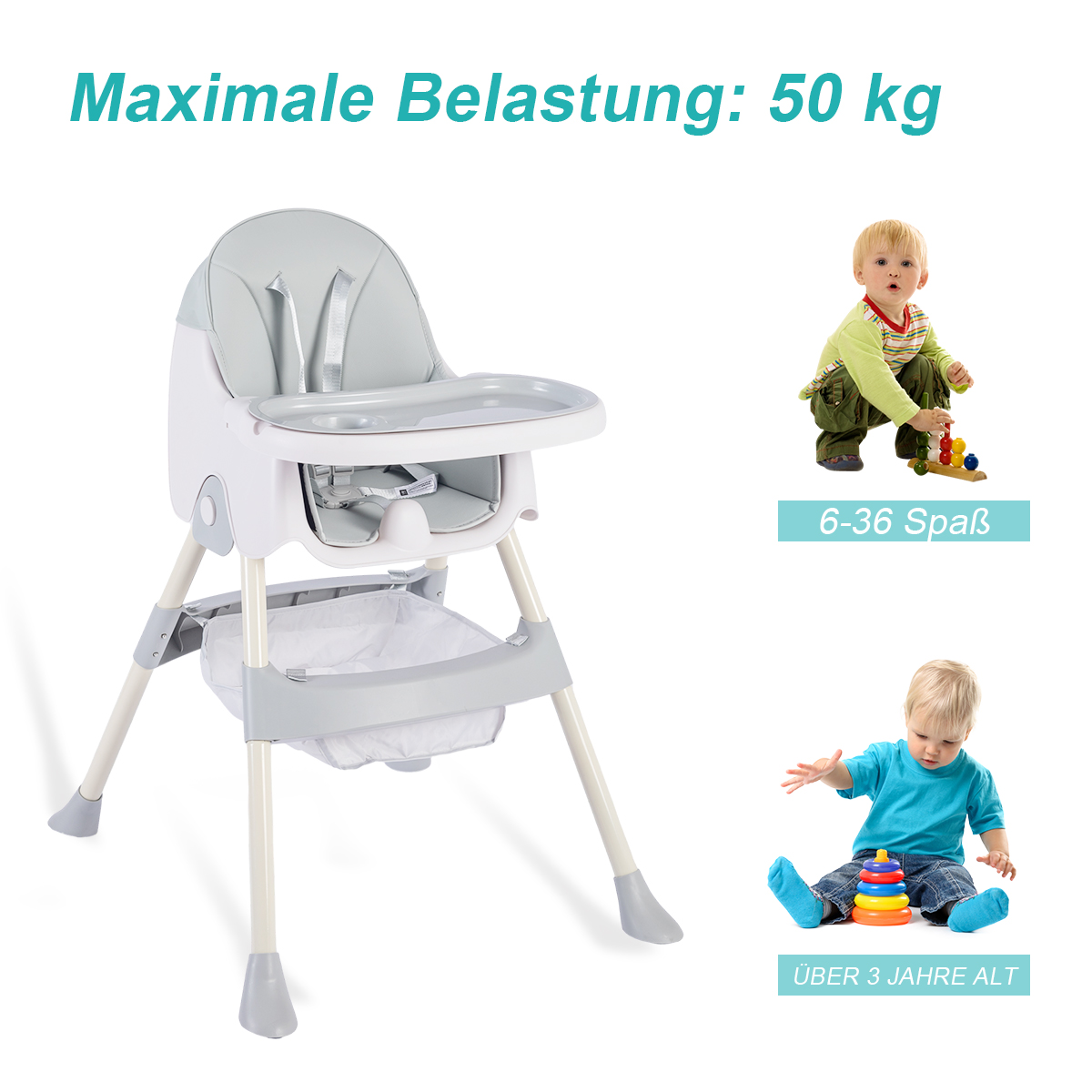 Hochstuhl mit Baby und zwei spielenden Babys. Text: 6-36 Spaß, Über 3 Jahre Alt.