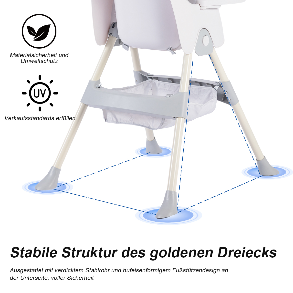 Hochstuhl mit weißem Sitz, grauen Beinen und Boden, und blauen Akzenten.
