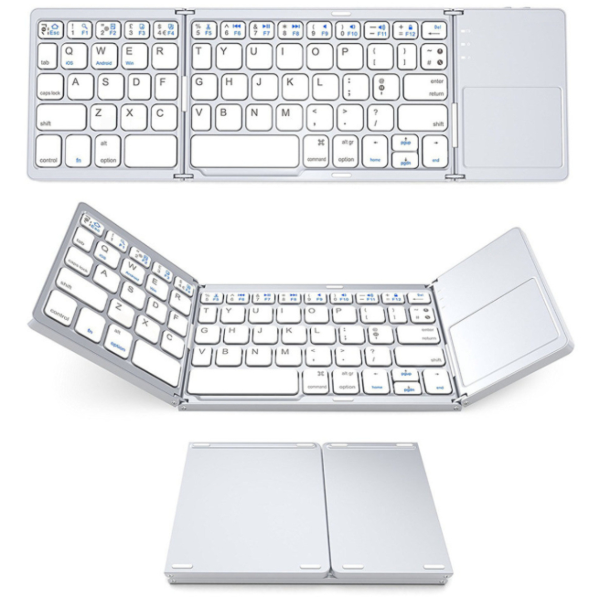 Faltbare weiße Tastatur mit Touchpad, in drei verschiedenen Winkelansichten.