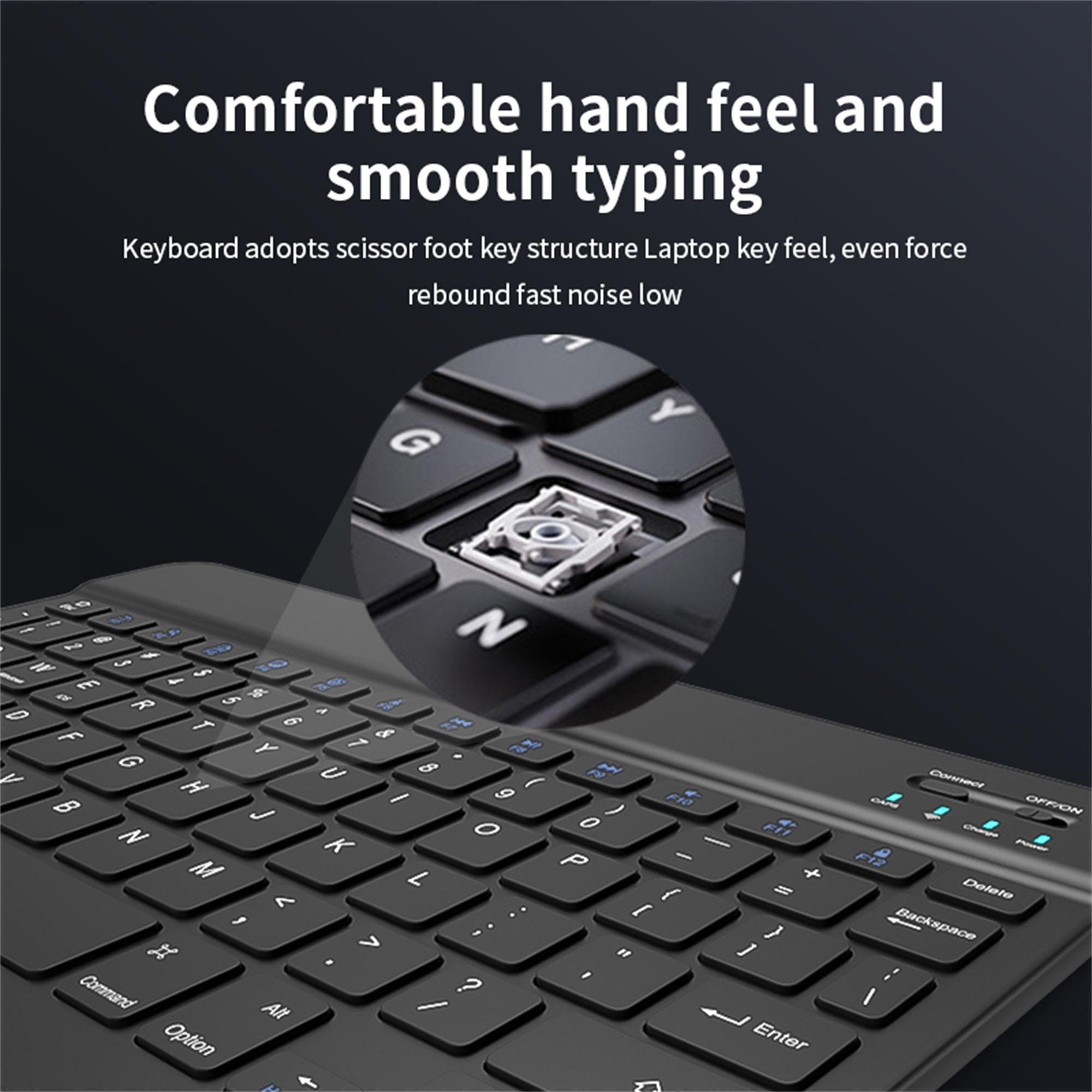 Nahaufnahme einer schwarzen Tastatur. Tasten mit weißen Buchstaben und einem kleinen Kreis.