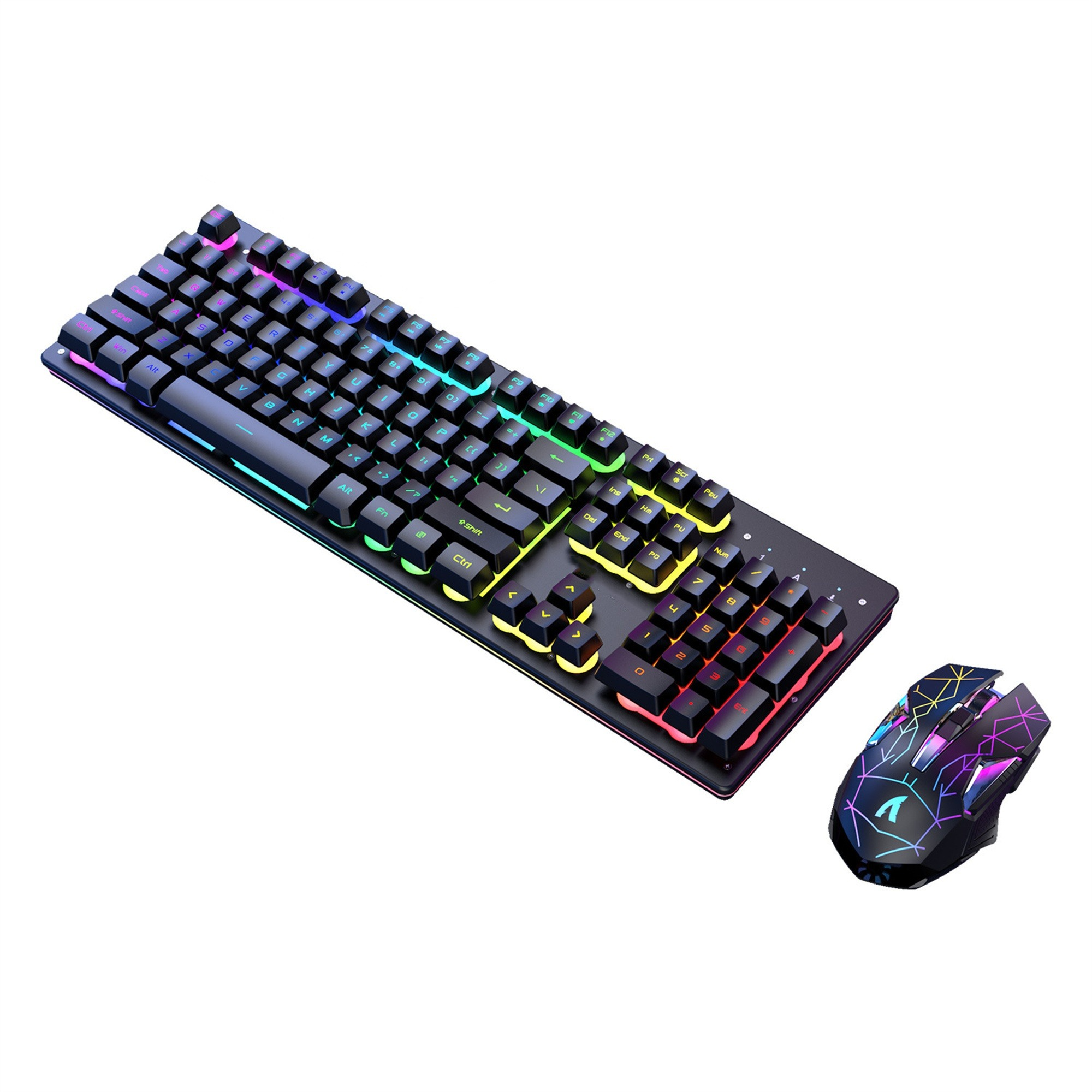 Eine schwarze Gaming-Tastatur mit bunten Lichtern und eine passende Maus.