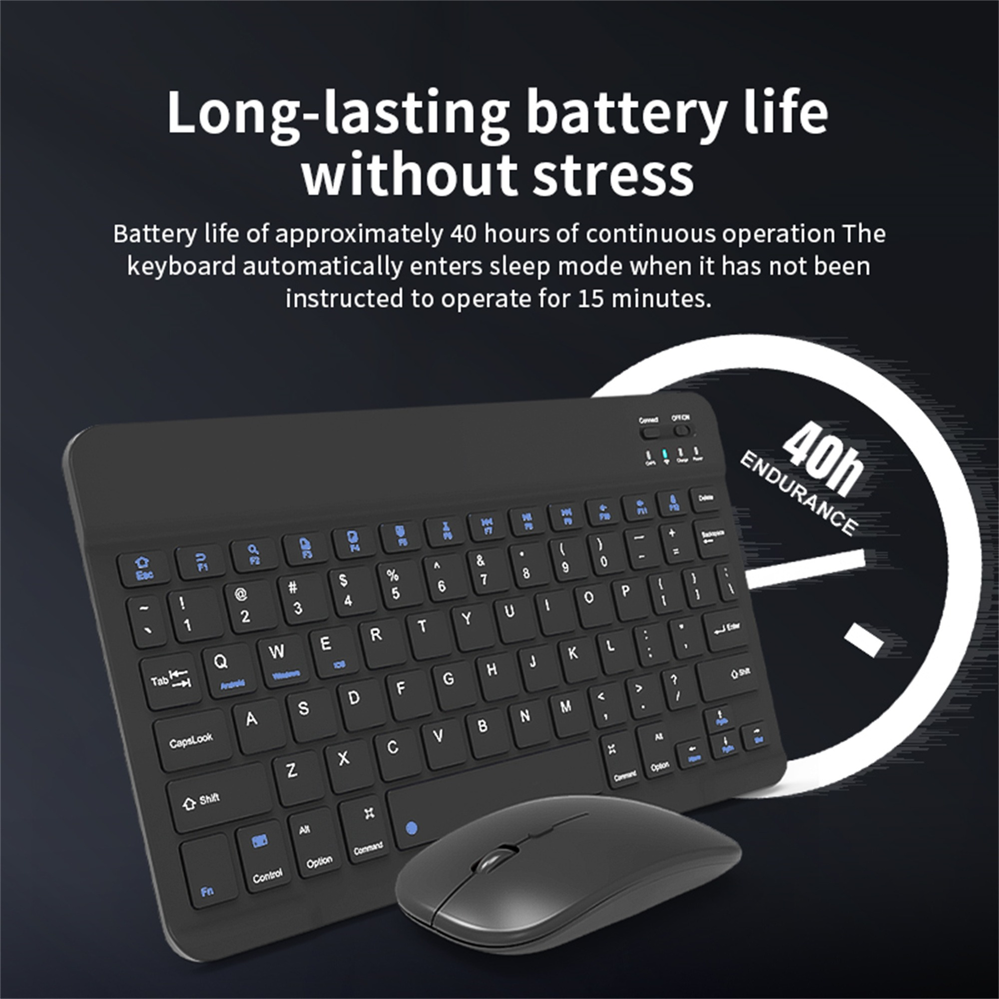 Schwarze Tastatur und Maus. Die Tastatur hat weiße Tasten. Ein Uhrensymbol veranschaulicht die Akkulaufzeit.