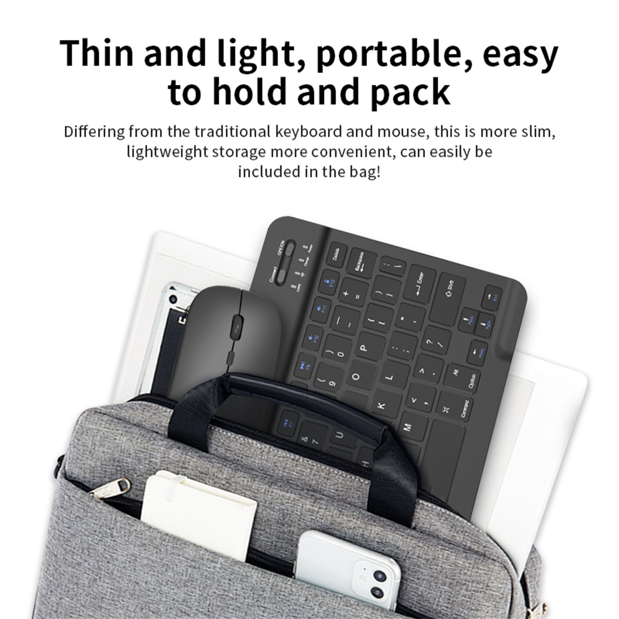 Eine schwarze Tastatur und Maus in einer grauen Tasche, mit Tablet und Telefon.