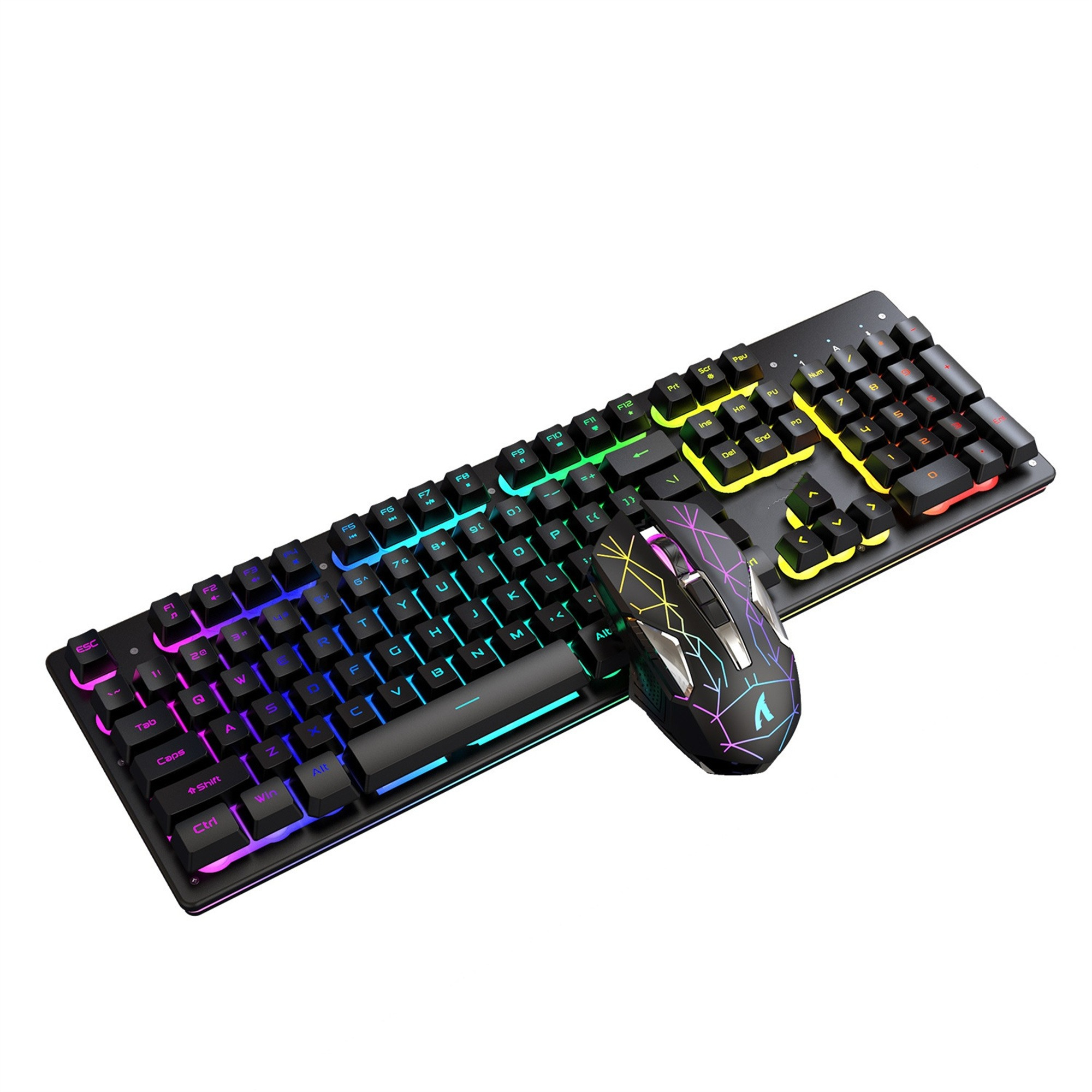 RGB-Gaming-Tastatur- und -Maus-Kombination. Tastatur und Maus sind mit mehreren Farben beleuchtet. Weißer Hintergrund.