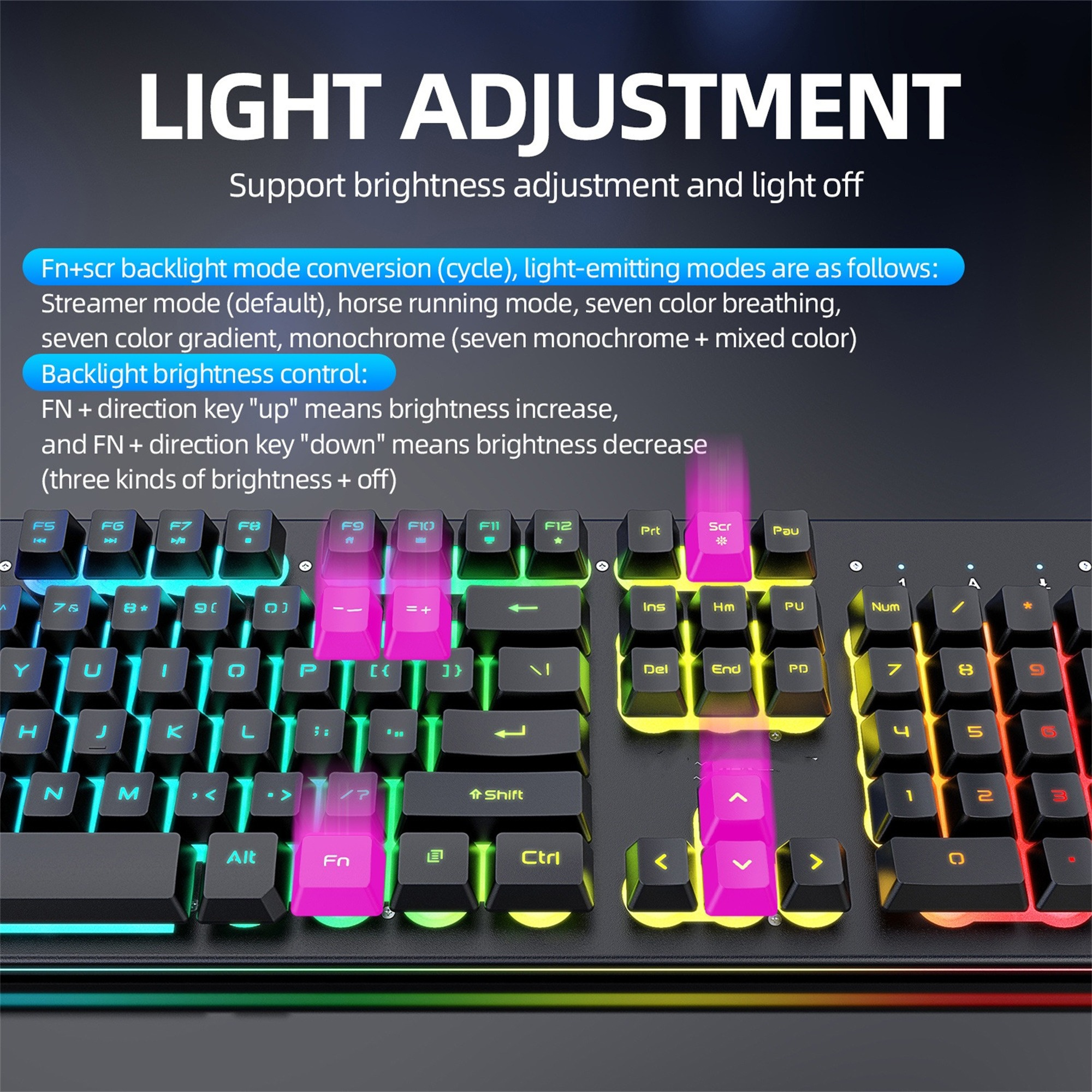 Tastatur mit bunten Lichtern. Fn+scr für Moduswechsel. Helligkeitssteuerung: FN + Pfeiltasten.