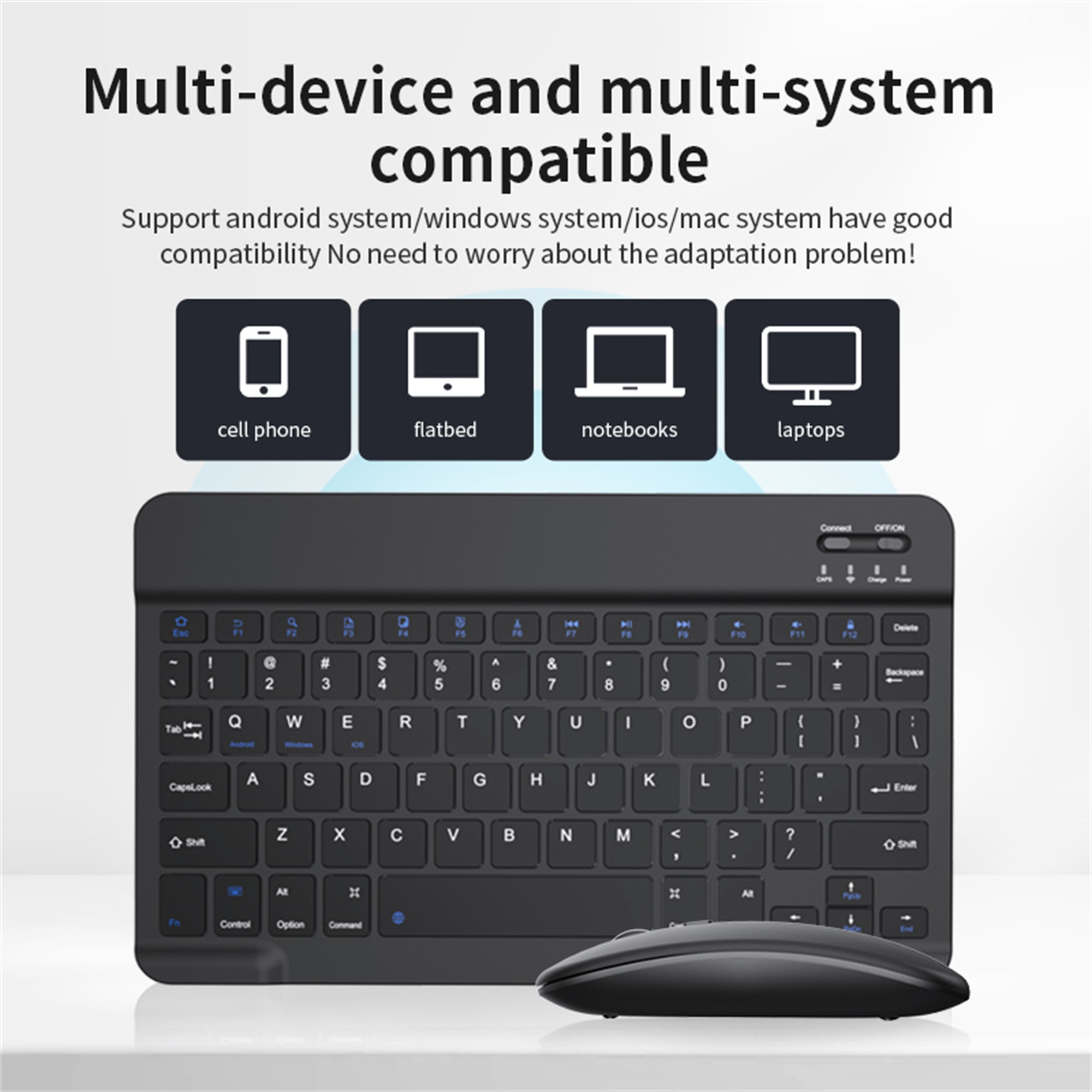 Kabelloses Tastatur- und Maus-Set. Telefon-, Flatbed-, Notebook- und Laptop-Symbole. Weißer Hintergrund.
