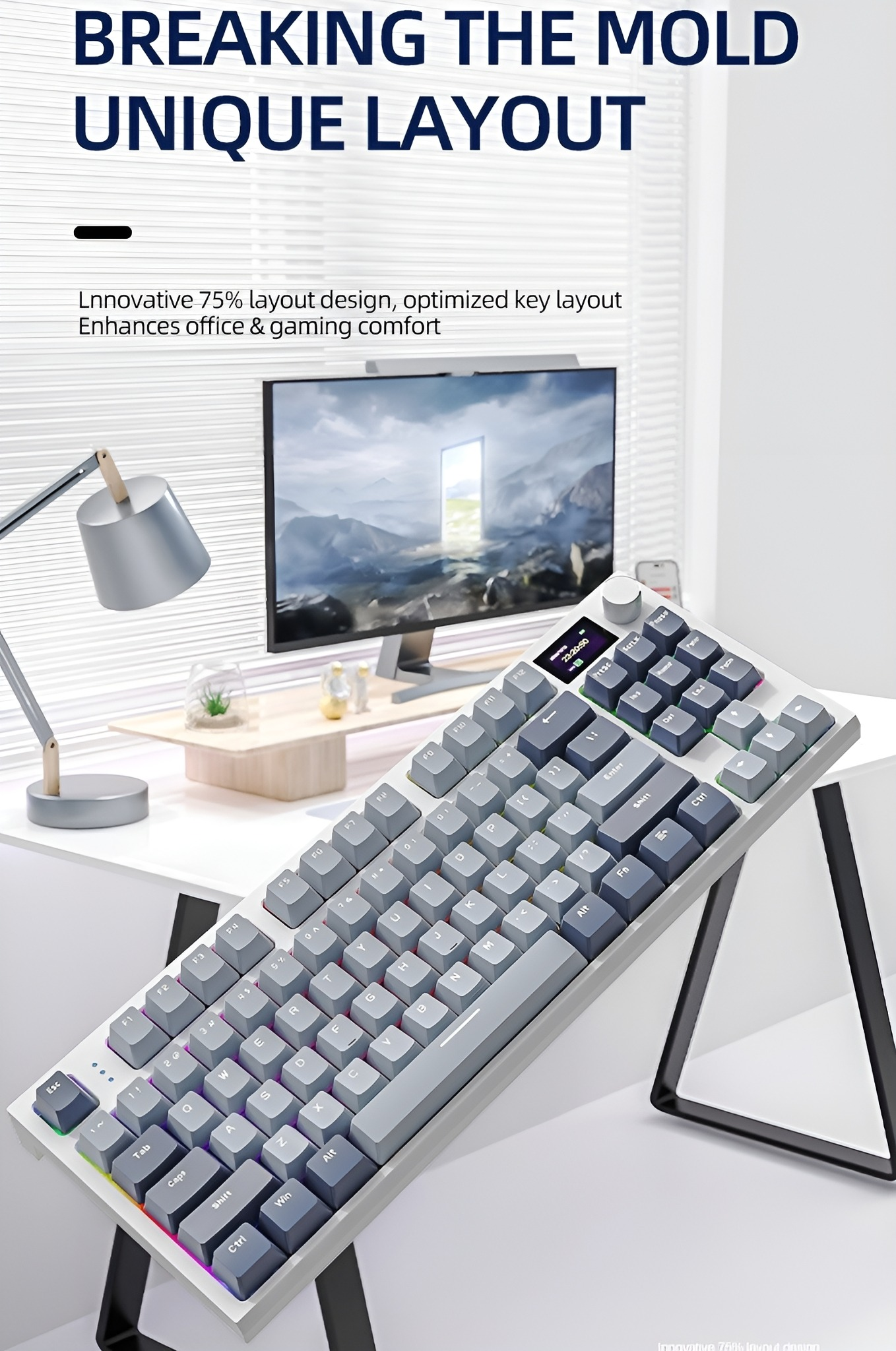 Tastatur auf einem Schreibtisch. Sie hat graue Tasten, und ein Bildschirm ist im Hintergrund. Einzigartiges Layout.