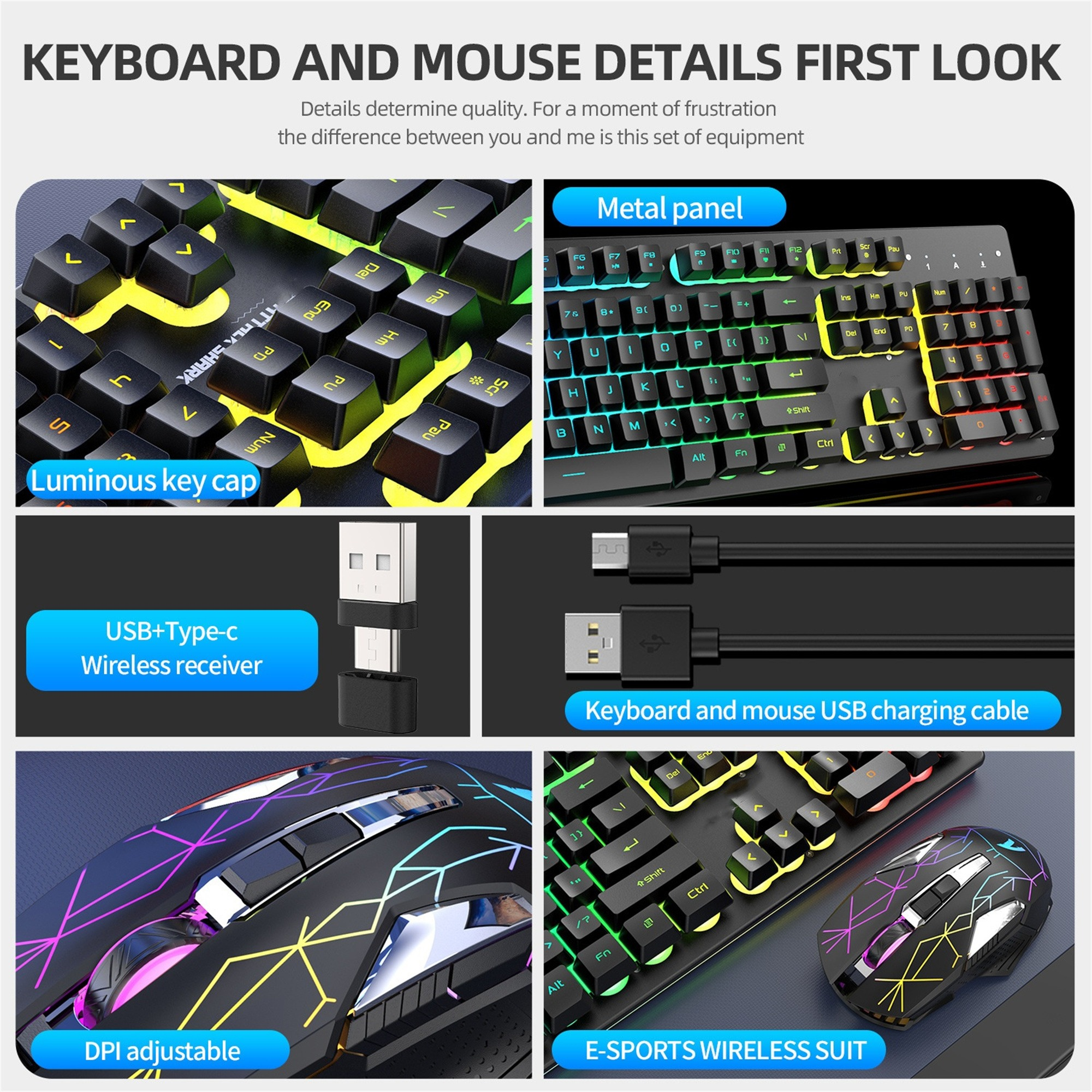 Nahaufnahme eines Tastatur- und Maussets. Merkmale: leuchtende Tastenkappen, USB-Empfänger und Ladekabel.