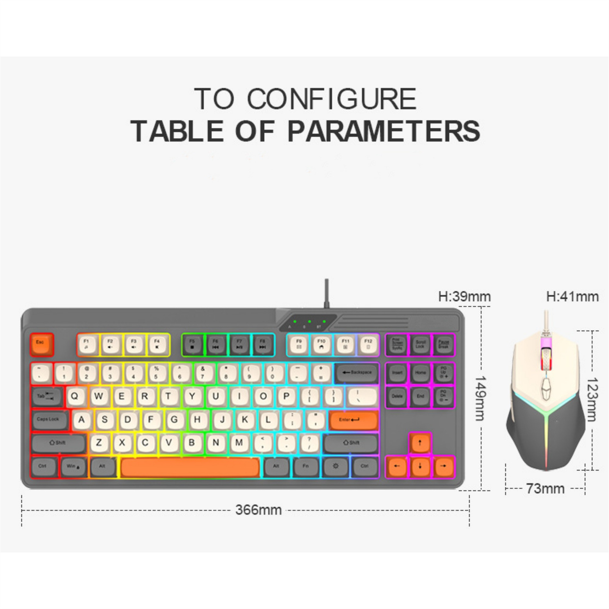 Tastatur und Maus mit Maßen und einer Konfigurationstabelle der Parameter.