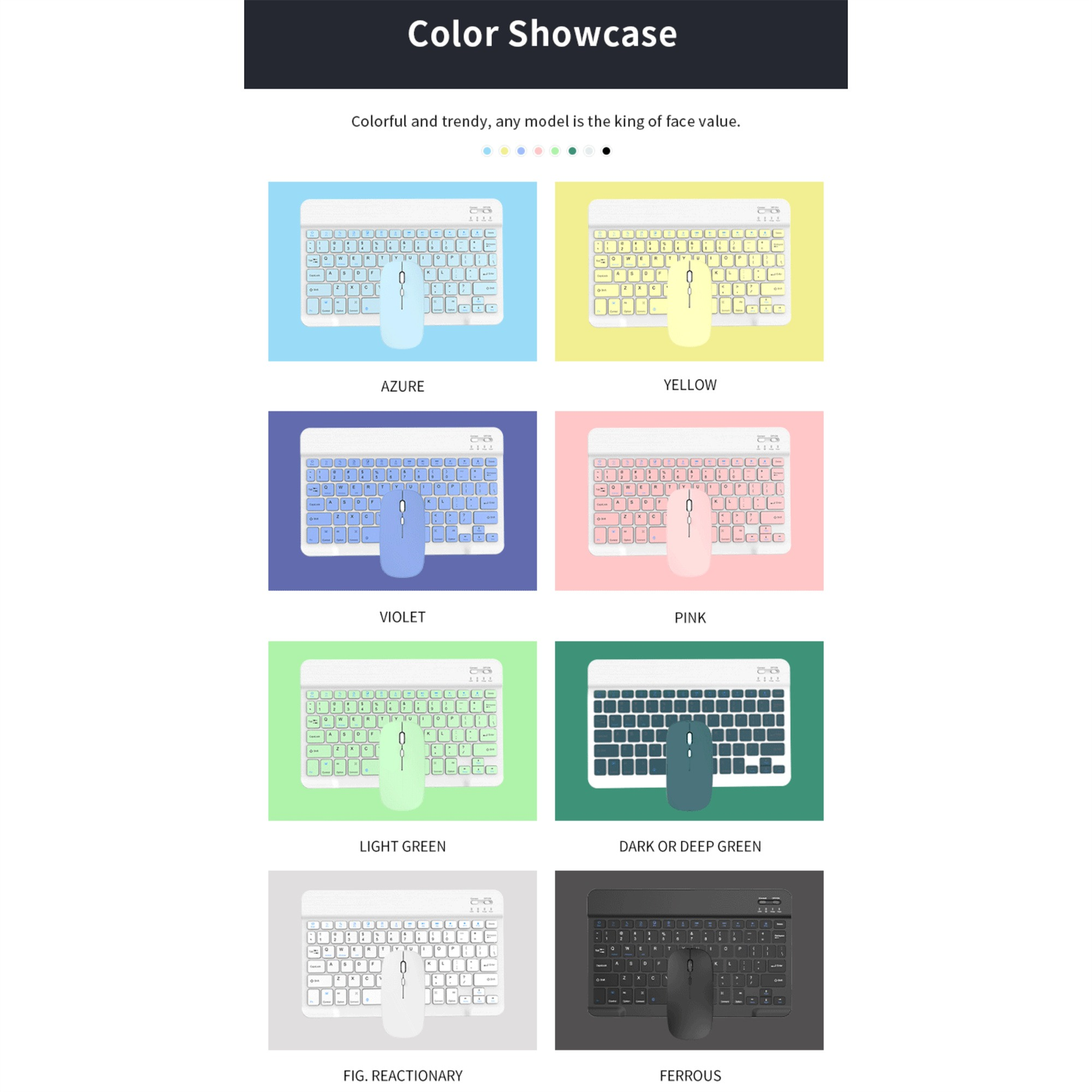 Tastatur- und Maus-Sets in verschiedenen Farben: Blau, Gelb, Rosa, Grün und Schwarz.