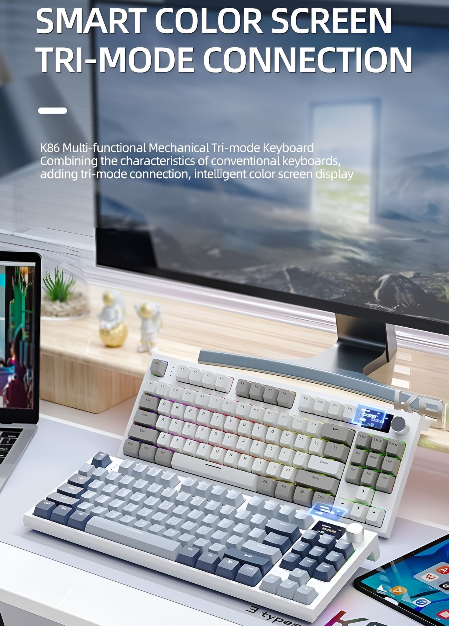 Eine Tastatur und ein Laptop mit Textüberlagerung über ihre Funktionen.