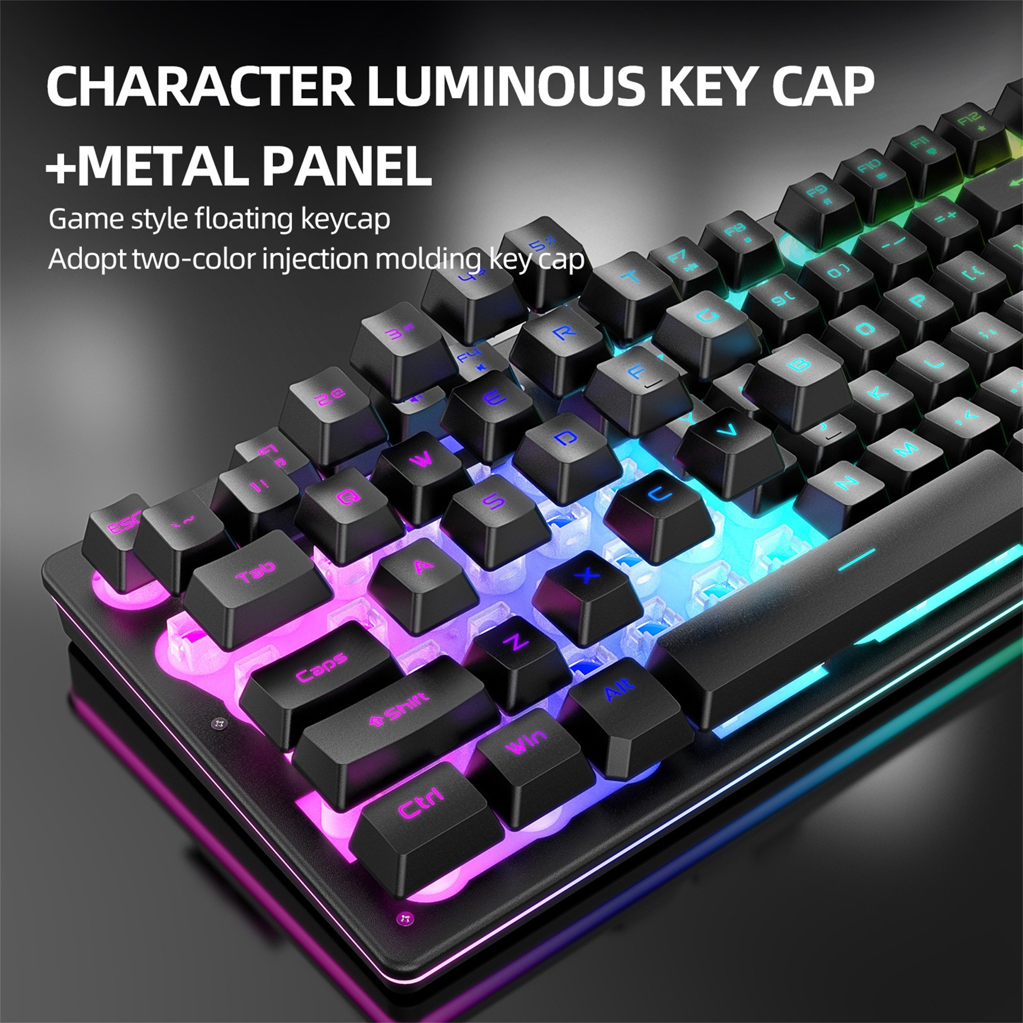 Schwarze Tastatur mit bunten, beleuchteten Tasten. Die Tasten sind im Floating-Stil.