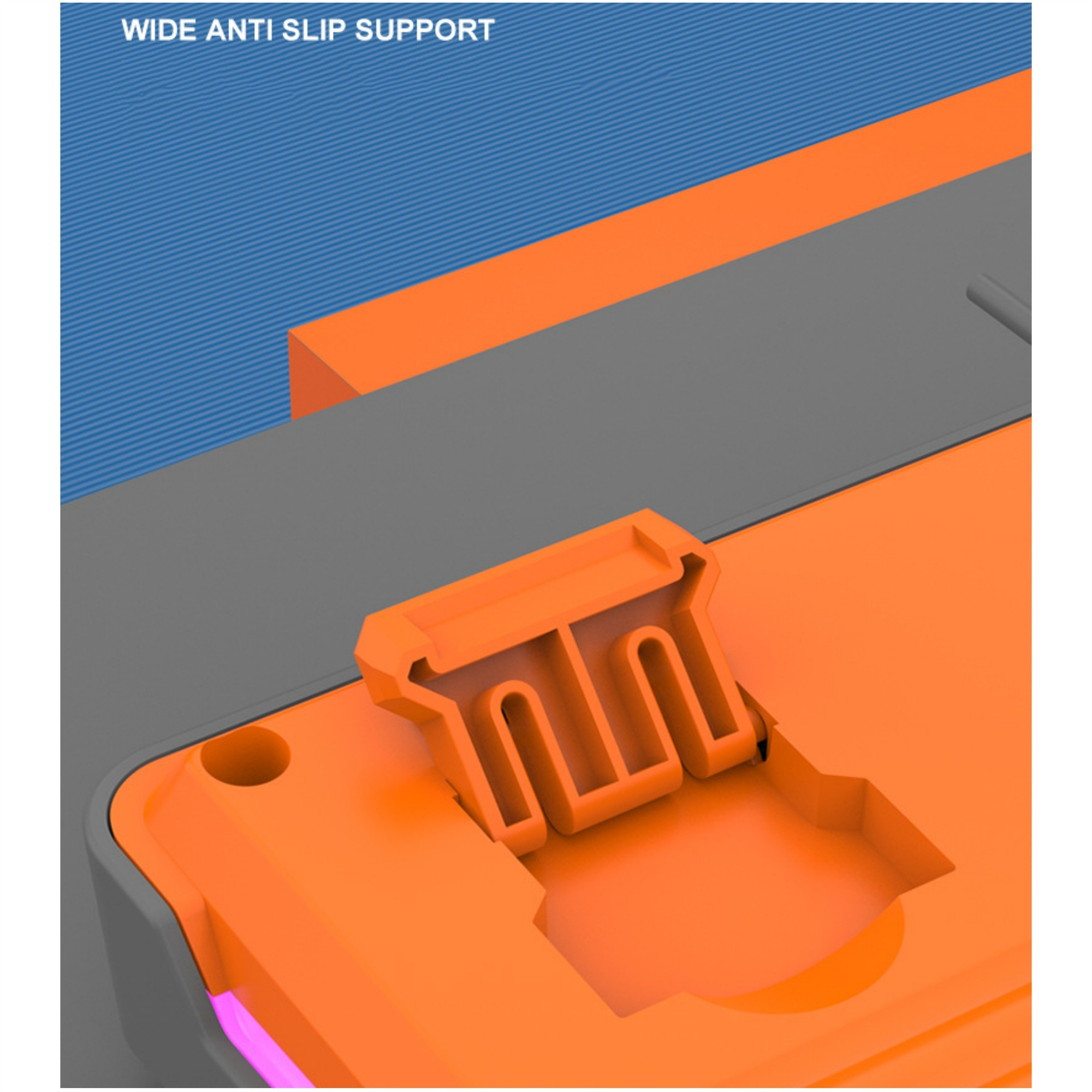 Nahaufnahme von orangefarbenen und grauen Teilen. Oranger Teil hat ein Verriegelungsdesign. Blauer und orangefarbener Hintergrund.
