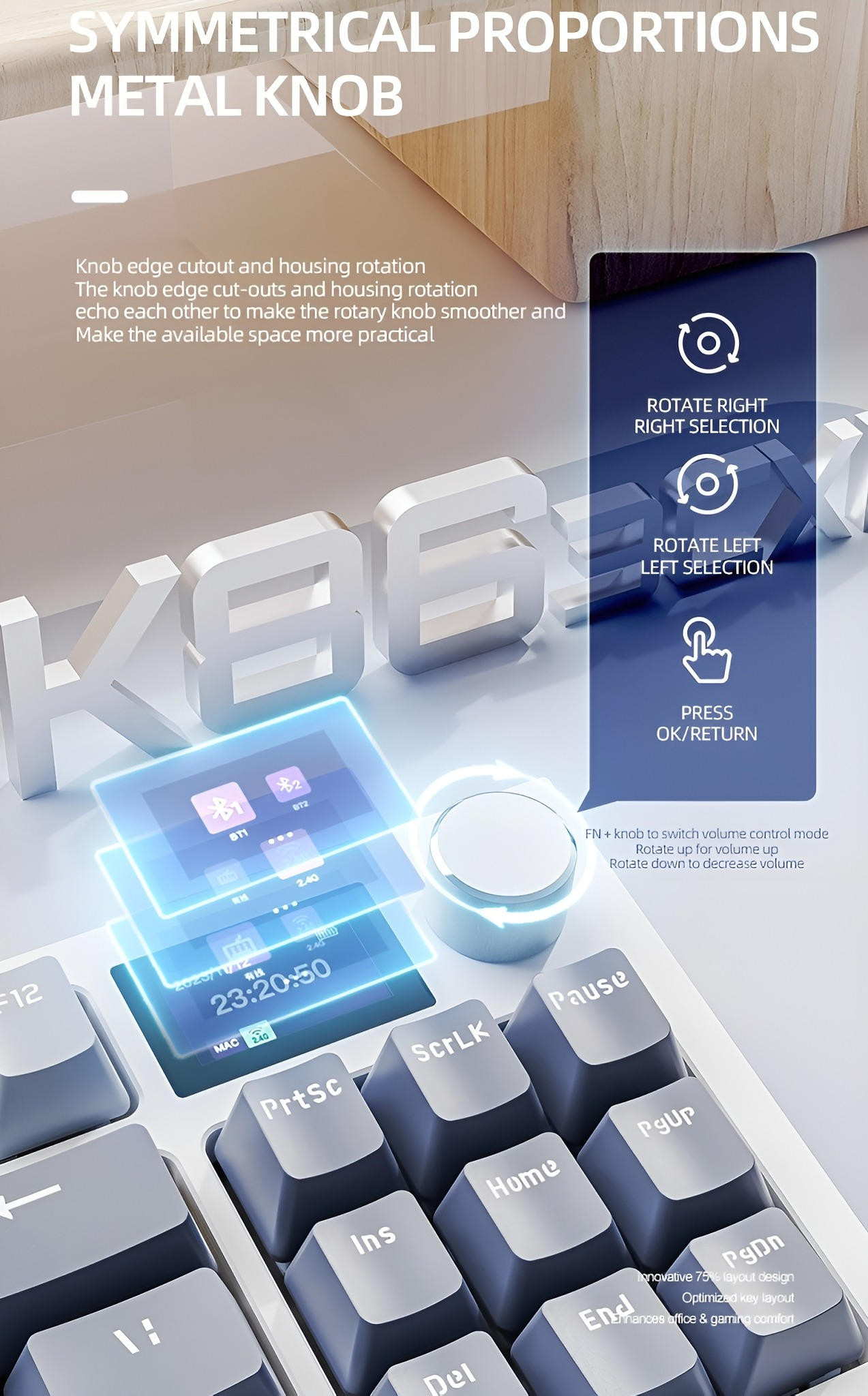 Nahaufnahme einer Tastatur mit Metallknopf, verschiedenen Tasten und Bildschirm mit Uhrzeit.